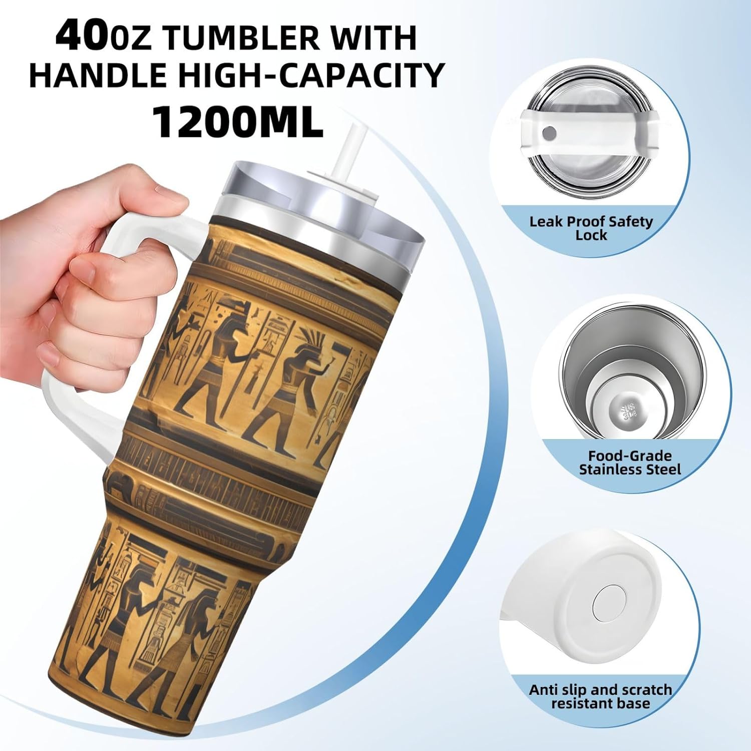 40 OZ Egypt Hieroglyphics Print Ice Bully Cup with Handle Straw Lid Straw,Stainless Steel Tumbler Coffee Cup