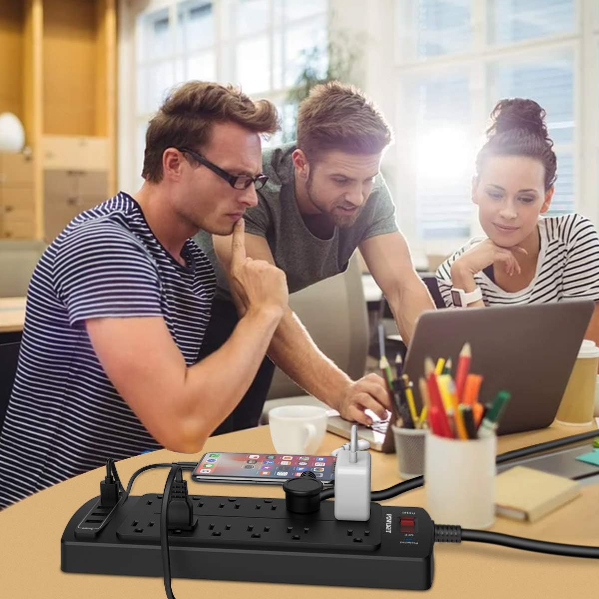 Power Strip with 8 Ft, POWLIGHT Surge Protector with 12 AC Outlets and 4 USB Ports,1875W/15A, 2100 Joules, 8 Feet Long Extension Cord for Smartphone Tablets Home,Office, Hotel- Black : Electronics