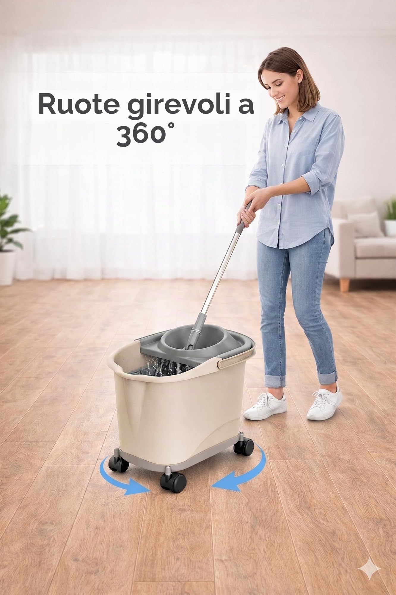Recamania Secchio rettangolare in plastica con strizzatoio e ruote a 360°, colore beige, 16 l, 39 x 29 x 35 cm