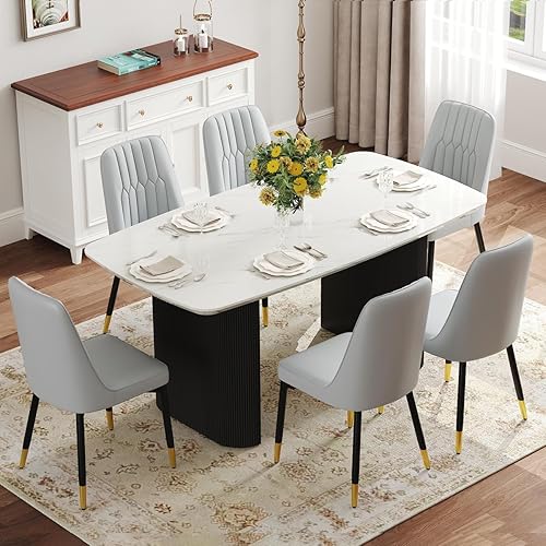 Miniatura 22 de Ebullient Juego de mesa de comedor blanca de 67'' para 6, juego de sillas de mesa de cocina con elegante base de pedestal ondulado, juego moderno