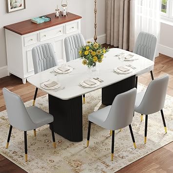 White Dining Table Set for 6, 67 Marble Dining Table Set with 3.5 Thick White Oval Tabletop and Matte Black Column Base, Modern Kitchen Table Set with 6 Metal Legs Chairs