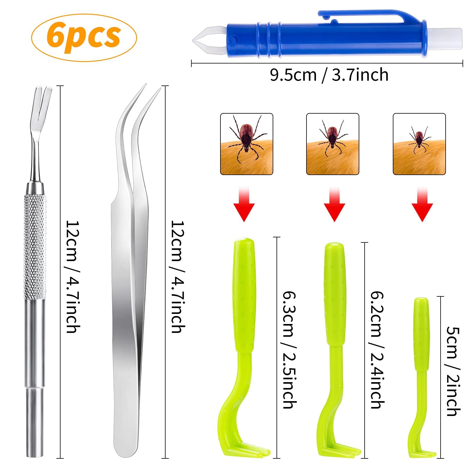 MELLIEX 6pcs Tire Tique Pince à Tiques en Acier Inoxydable, Tique Remover Stylo Anti-Tiqueet Crochet à Tiques en Plastique avec Boîte pour Chiens, Chats et Humain