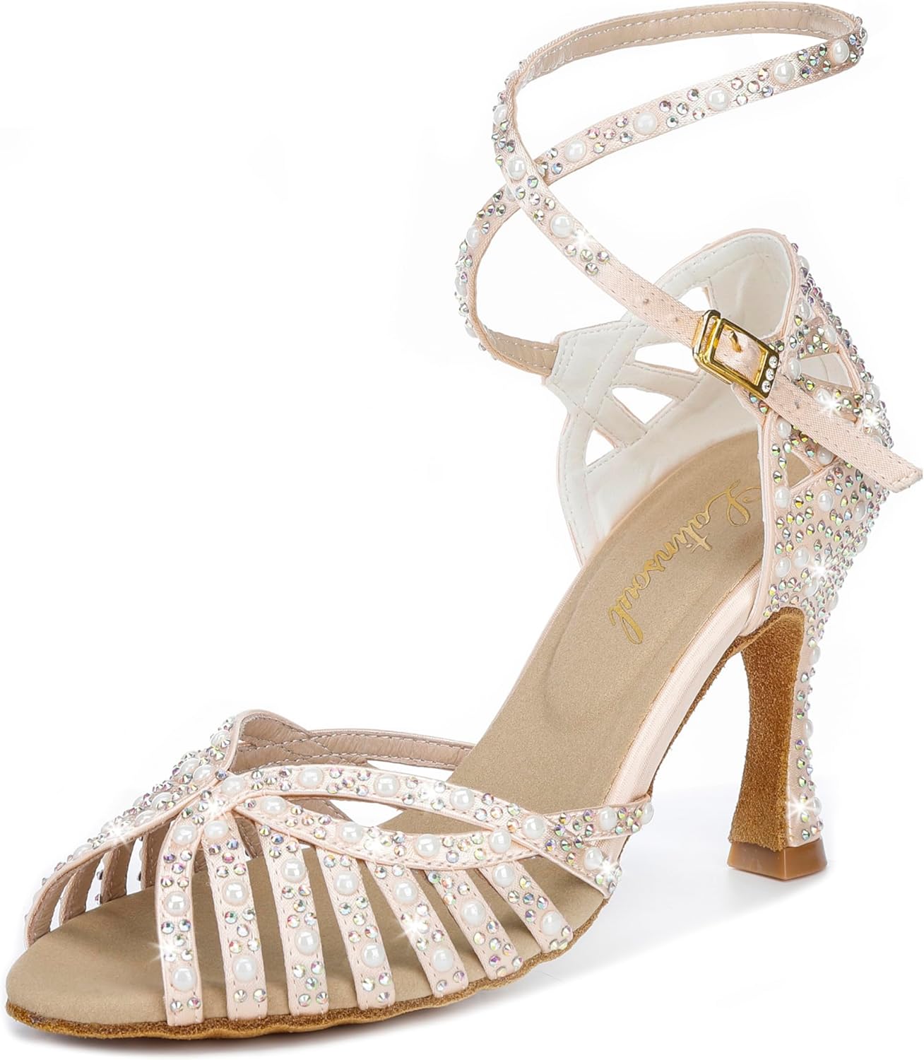 Latinsoul Y205-33 Women's Latin Dance Rhinestone High Heel Shoes Stylish and Comfortable Adjustable Ankle Strap Dance Sandals for Ballroom, Salsa Dance Shoes