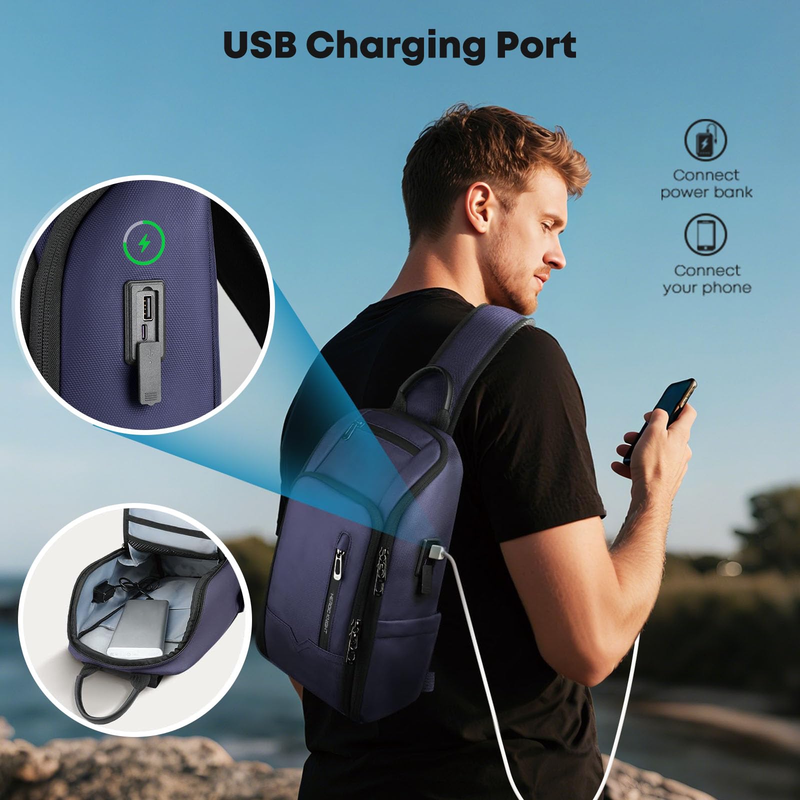 Bolso Bandolera Hombre con Puerto USB,Antirrobo e Impermeable