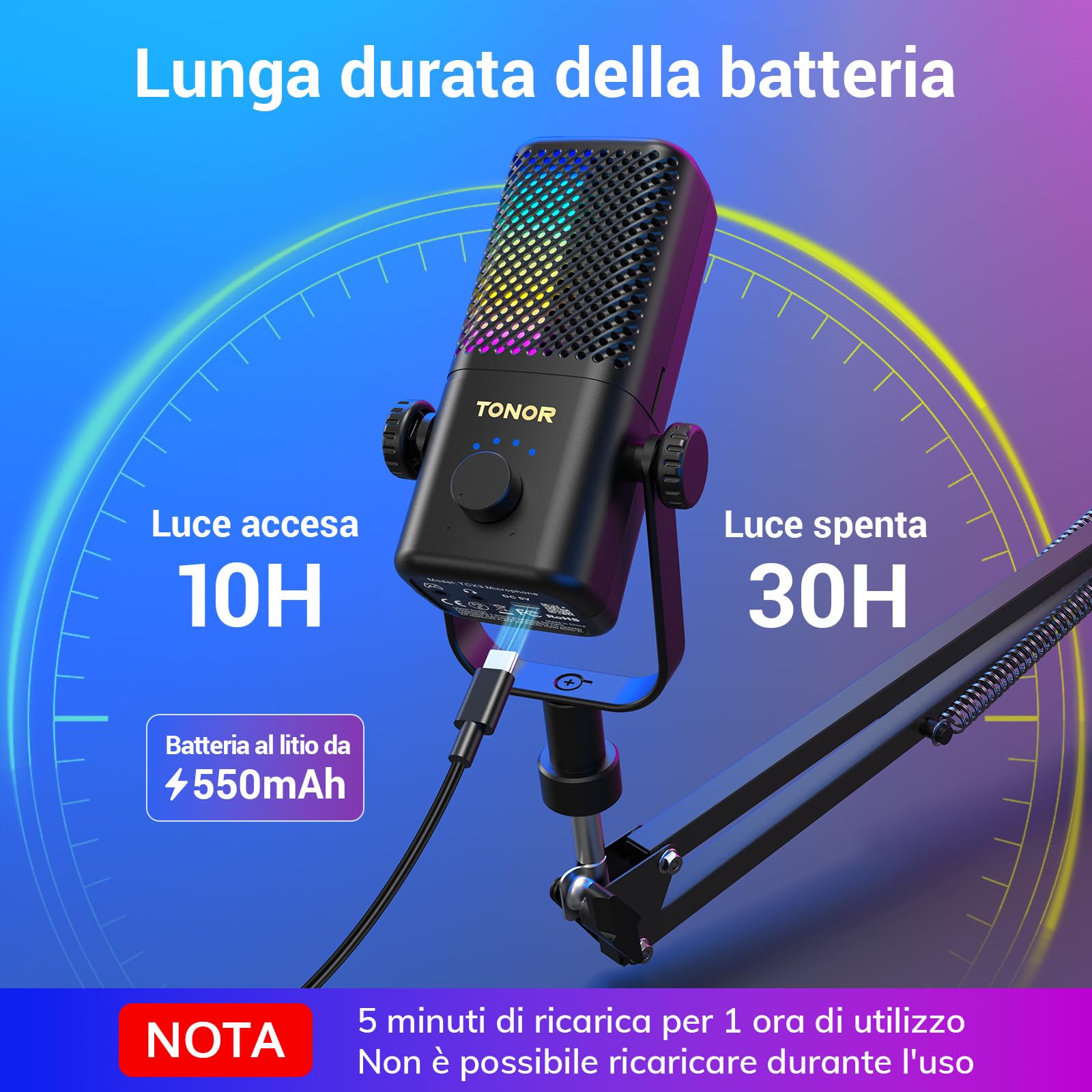 TONOR Microfono Gaming Compatibile con Xbox, Microfono RGB per Streaming con 30H di Autonomia,Basso Rumore,Silenziamento con un Tocco,Ricarica Rapida,Compatibile con Scheda di Acquisizione,200cm,TCX3+