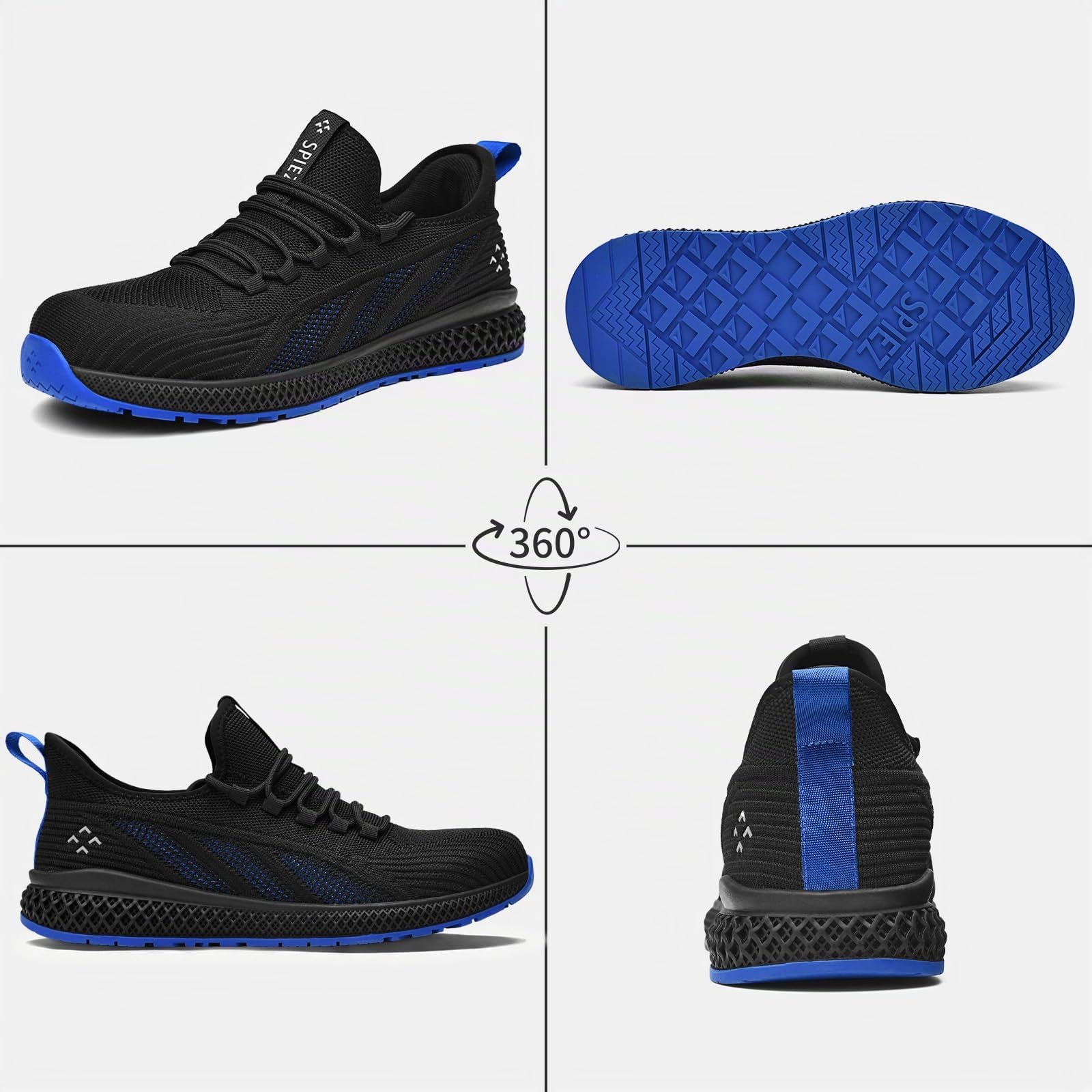 SPIEZ Scarpe Antinfortunistiche Uomo Donna,Leggere,Traspiranti,Slip-On con Punta in Composito,Sneakers da Lavoro Ideali per Uso Quotidiano,Nero Blu,Taglie EU 35-46