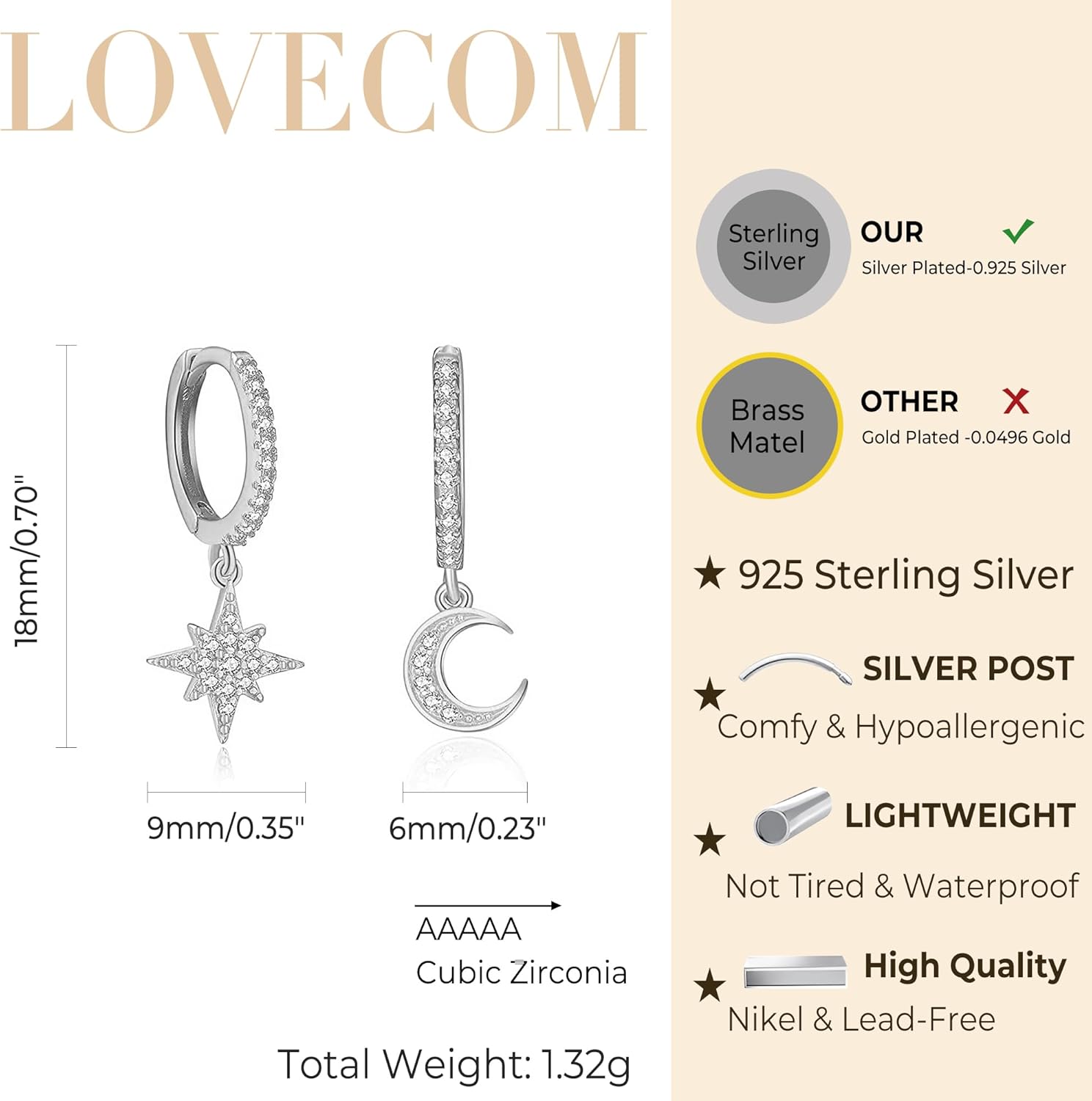 LOVECOM 925 Sterling Silver Heart Dangle Earrings for Women 14K Gold Plated Dainty CZ Love Hearts Charm Huggie Hoop Earrings to Daughter Birthday Wedding Mothers Day Gifts Jewelry Gifts
