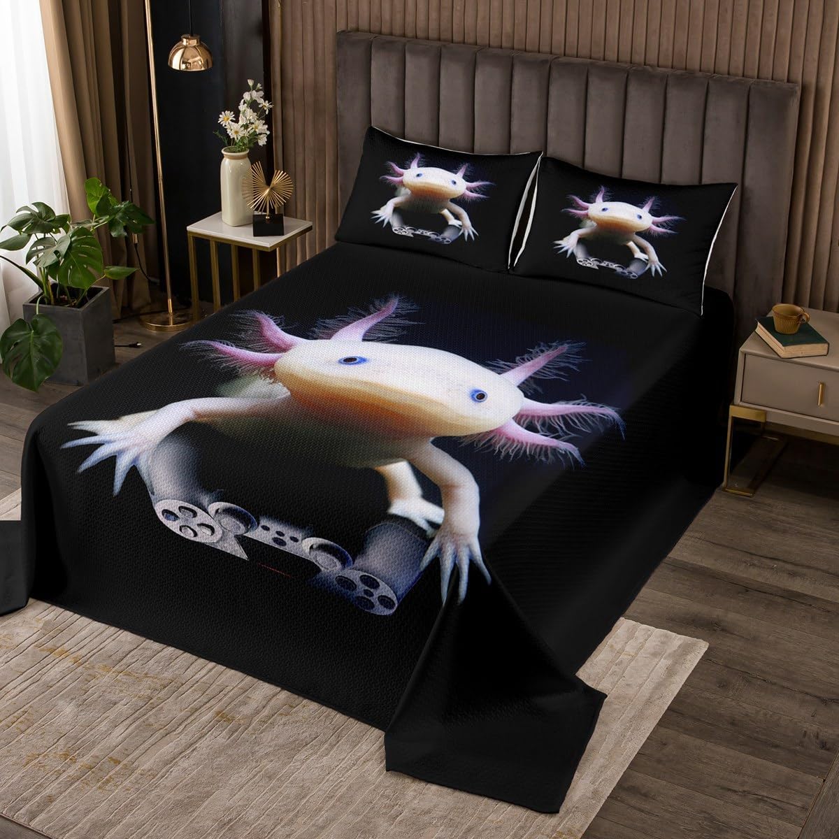 Mexican Animal Bedspread King,Cute Axolotl Play Gamer Quilted Coverlet 3pcs for Adults Teens Room Decor,Axolotl Soft Breathable Bedding Quilt