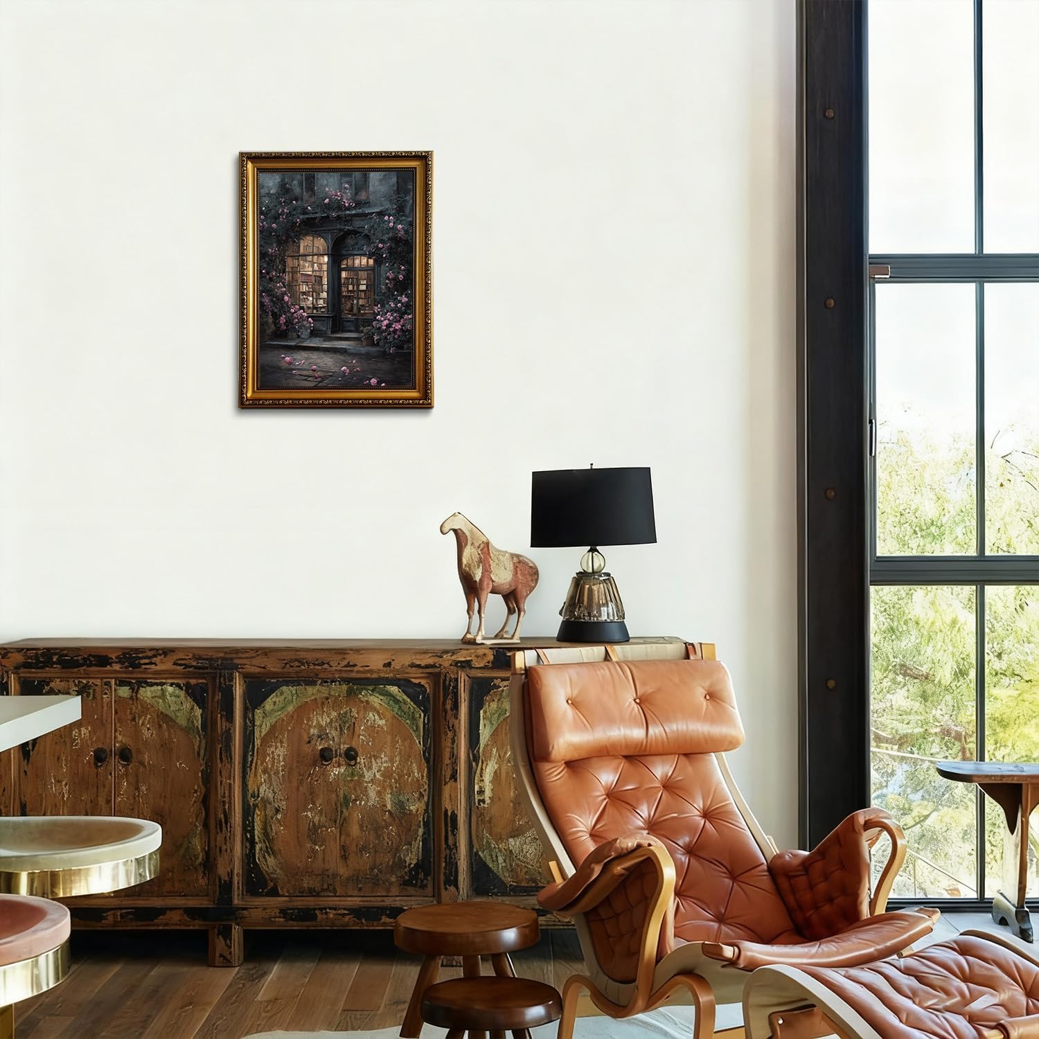 LHHJDIO Vintage Gold Framed Wall Art Moody Rose Bookstore Canvas Wall Art Romantic Literary Cottage Scene Pictures Wall Decor Dark Academia Art Prints for Living Room Bedroom Study