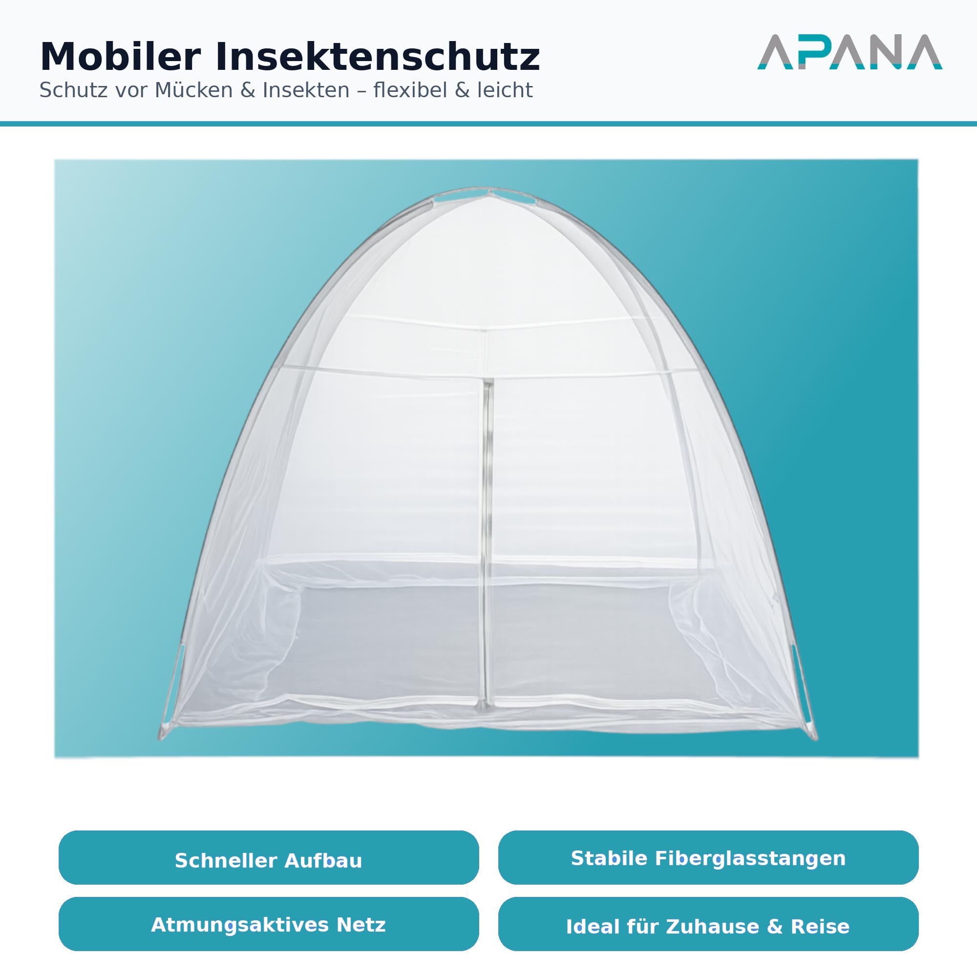 APANA Großes Moskitonetz 200x200x160 cm – Bett Moskitonetz Pop Up mit 2 Türen & Reißverschluss, Fiberglasrahmen – geräumiges Mückenzelt/Insektenschutz für Doppelbett & Camping
