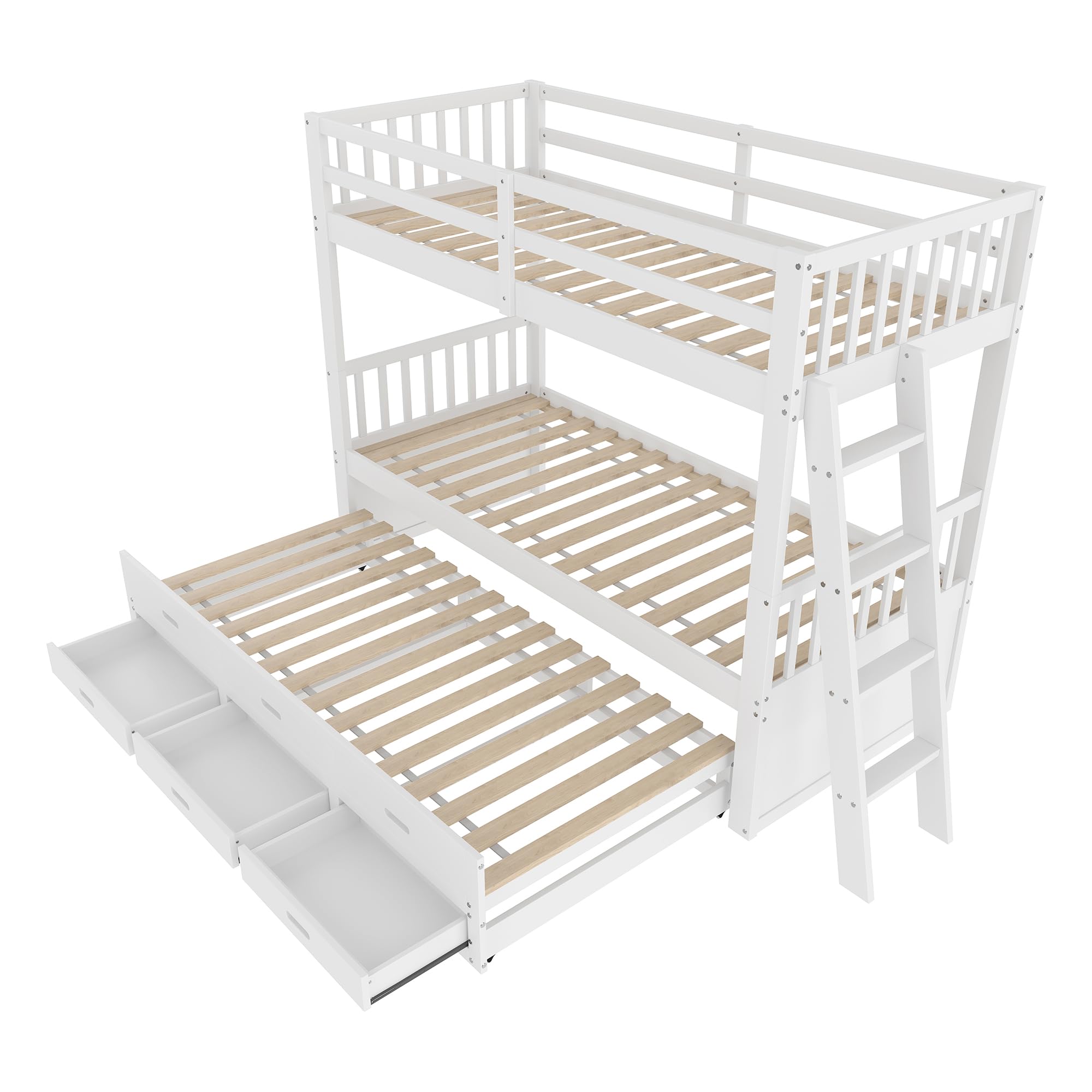 Letto a castello 90 x 200 cm, letto per bambini e bambine, struttura in pino e MDF con scaletta con letto estraibile e 3 cassetti (bianco, 90 x 200 cm)