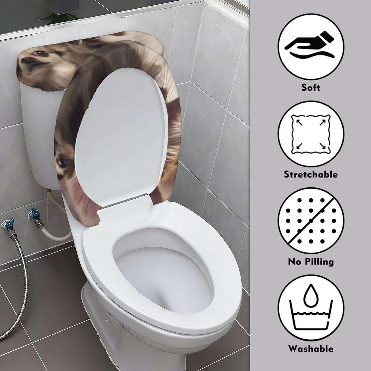 2 Pack Toilet Lid Cover and Toilet Tank Cover Set with Elastic Bottom, Cute Chihuahua Toilet Cover Set Soft Stretch Replacement Universal Toilet Seat Cover Washable Decorative image 3