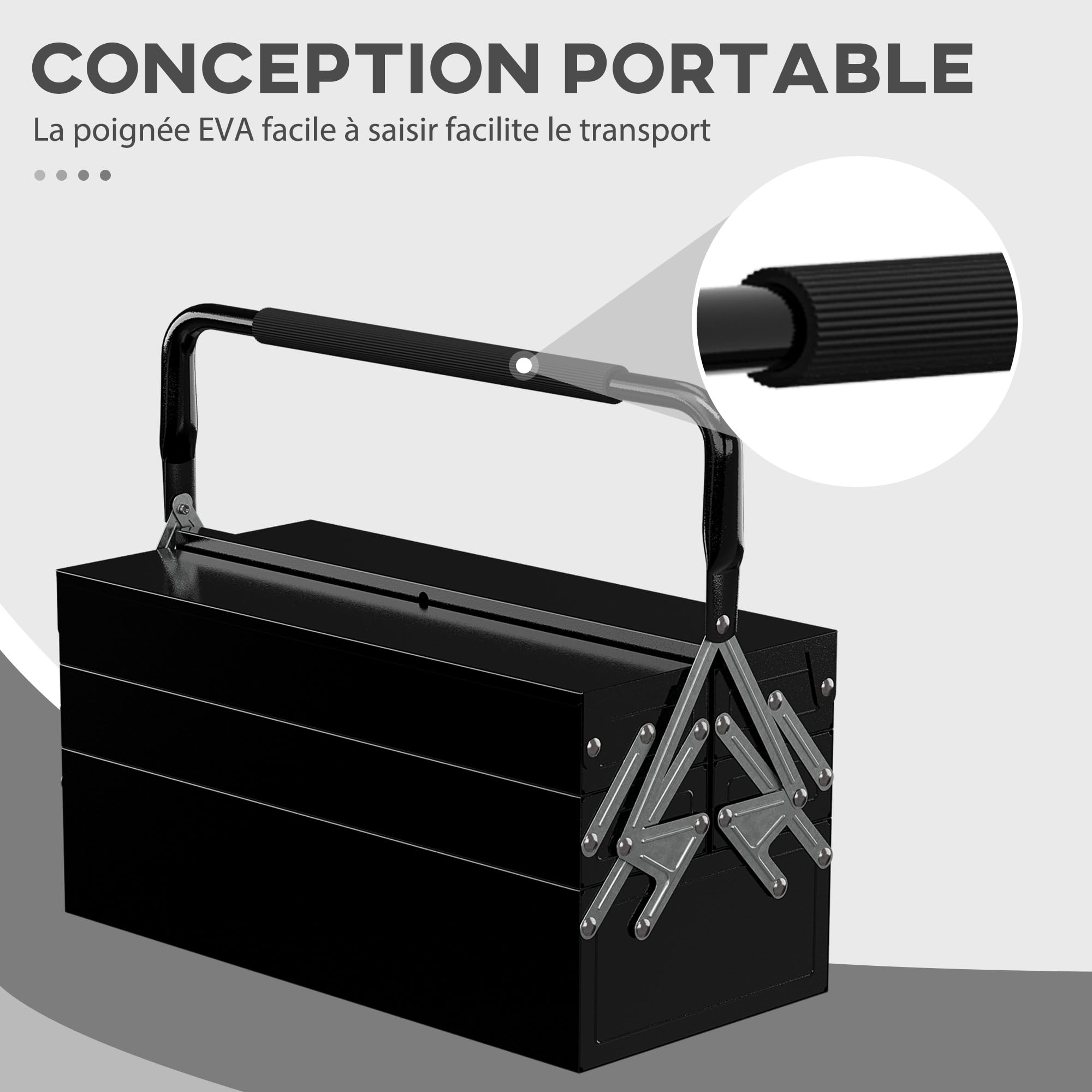 DURHAND Boite à Outils Métallique 3 Niveaux 5 Plateaux Rétractables Noir