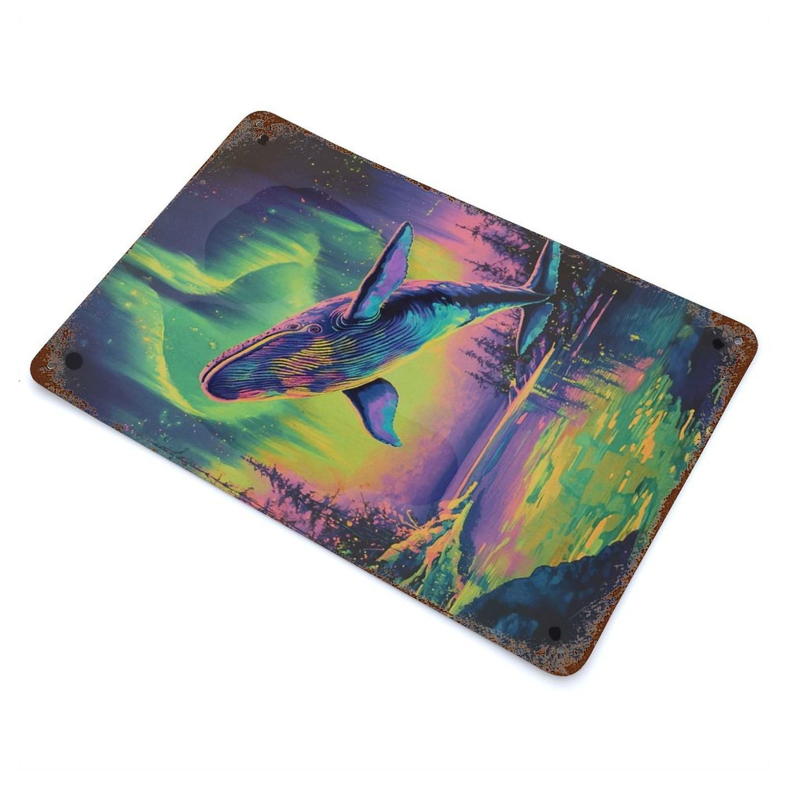 Decorative Tin Sign with Whale Aurora Borealis Design 11.8"x7.9", for Garage, Bar And Workshop Decor, Farmhouse Wall Decor