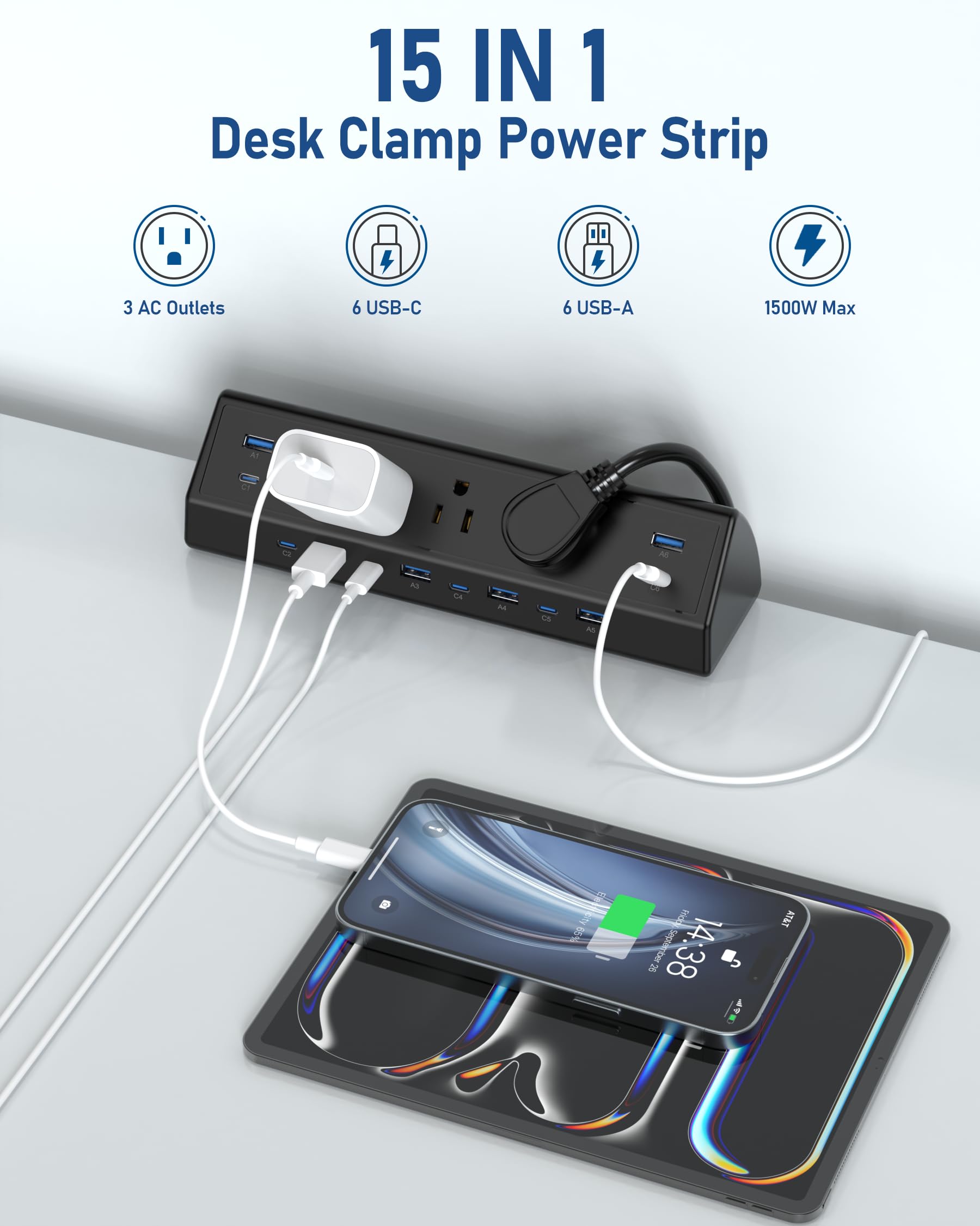 Jgstkcity Zasilacz zaciskowy biurkowy 130 W, 12 x USB (6 PD 65 W USB-C), zabezpieczenie przeciwprzepięciowe, przedłużacz koncentratora zasilania, w zestawie