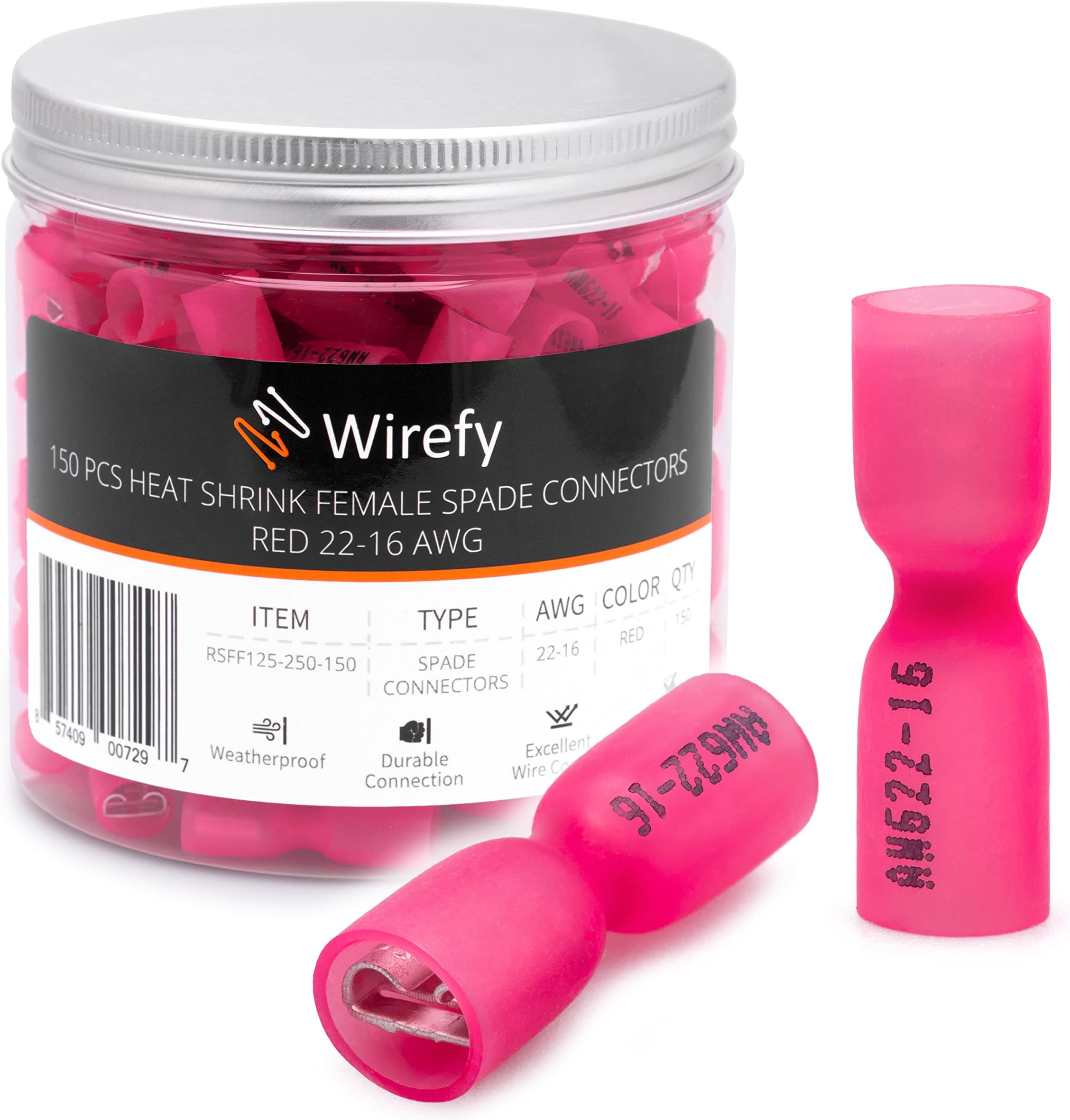 150 PCS Wirefy Female Spade Connectors - Heat Shrink Spade Connector Kit - Quick Disconnect Wire Connectors - Electrical Spade Terminals - Red 22-16 Gauge