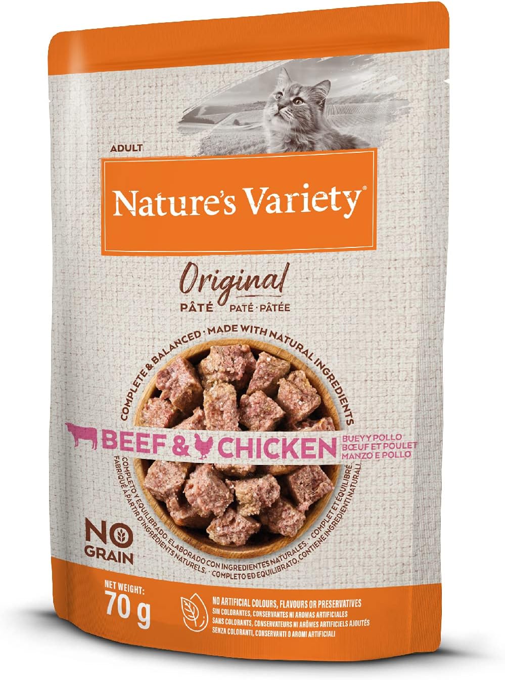 Nature's Variety Original No Grain - Paté para Gatos Adultos con Buey y Pollo - Caja 12 x 70 g