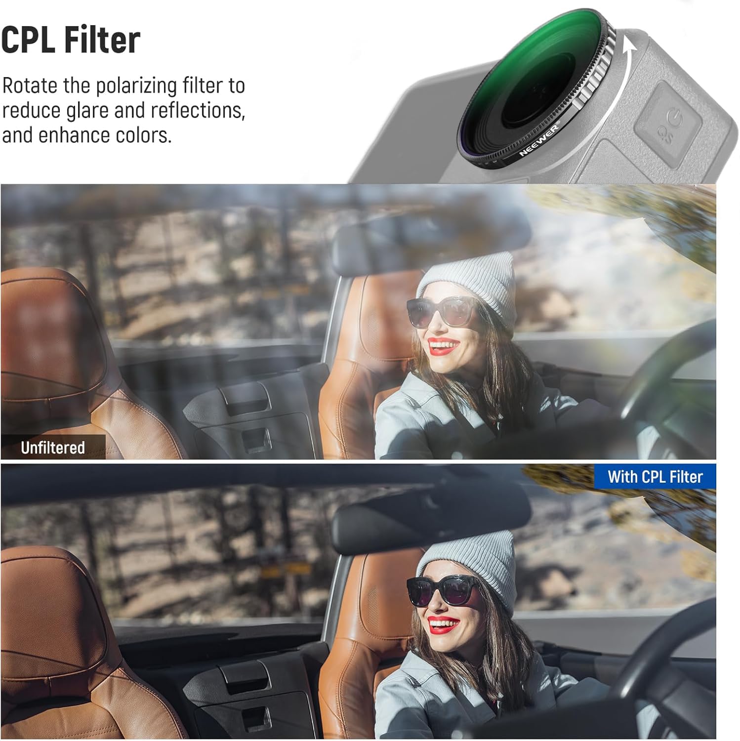 Neewer Zestaw filtrów CPL i ND do Action 5 Pro (6 sztuk), CPL+ND8+ND16+ND32+ND64+ND1000, akcesoria do kamer sportowych, wielowarstwowe szkło optyczne HD, kompatybilne z DJI Osmo Action 5 Pro/4, FL-A13