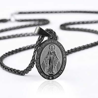 RS Virgin Mary Necklace for Men Boys Miraculous Medal Stainless Steel Mary Mother of God Pendant Mary Charm