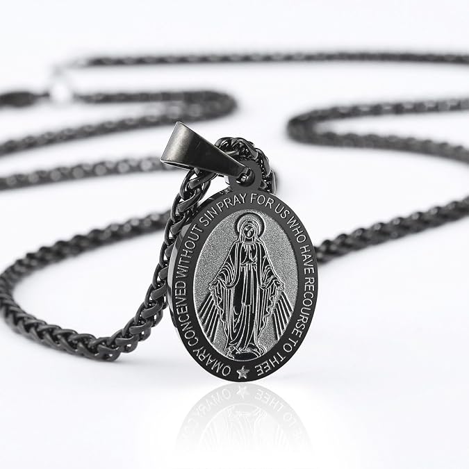 RS Virgin Mary Necklace for Men Boys Miraculous Medal Stainless Steel Mary Mother of God Pendant Mary Charm