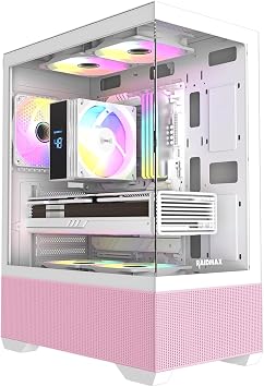 Raidmax I802 Mesh Air Flow Compact Panoramic ATX Mid Tower Case 270 View Tempered Glass, 5X Pre-Installed 120mm Static RGB Color Fans, Supports ATX/Micro ATX, Max 340mm GPU Pink