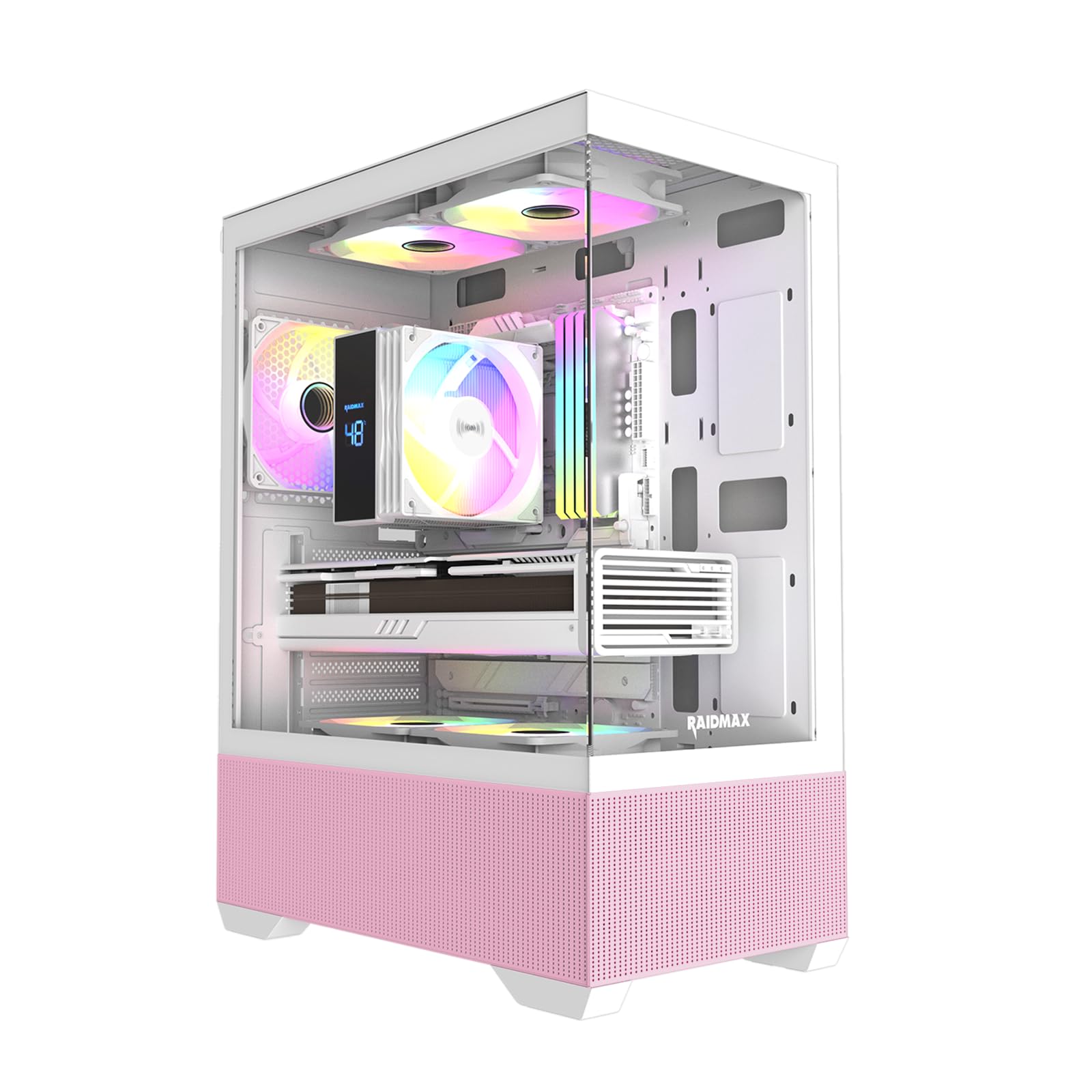 Raidmax I802 Mesh Air Flow Compact Panoramic ATX Mid Tower Case – 270° View Tempered Glass, 5X Pre-Installed 120mm Static RGB Color Fans, Supports ATX/Micro ATX, Max 340mm GPU (Pink)