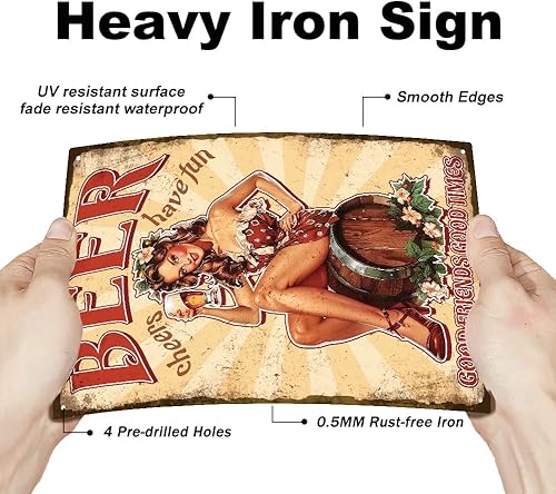 Miniatura 3 de GLOBLELAND Cartel de metal vintage Pin Up Lady de 8 x 12 pulgadas, diseño retro de cerveza divertida para puerta, pintura de estaño, placa de arte,