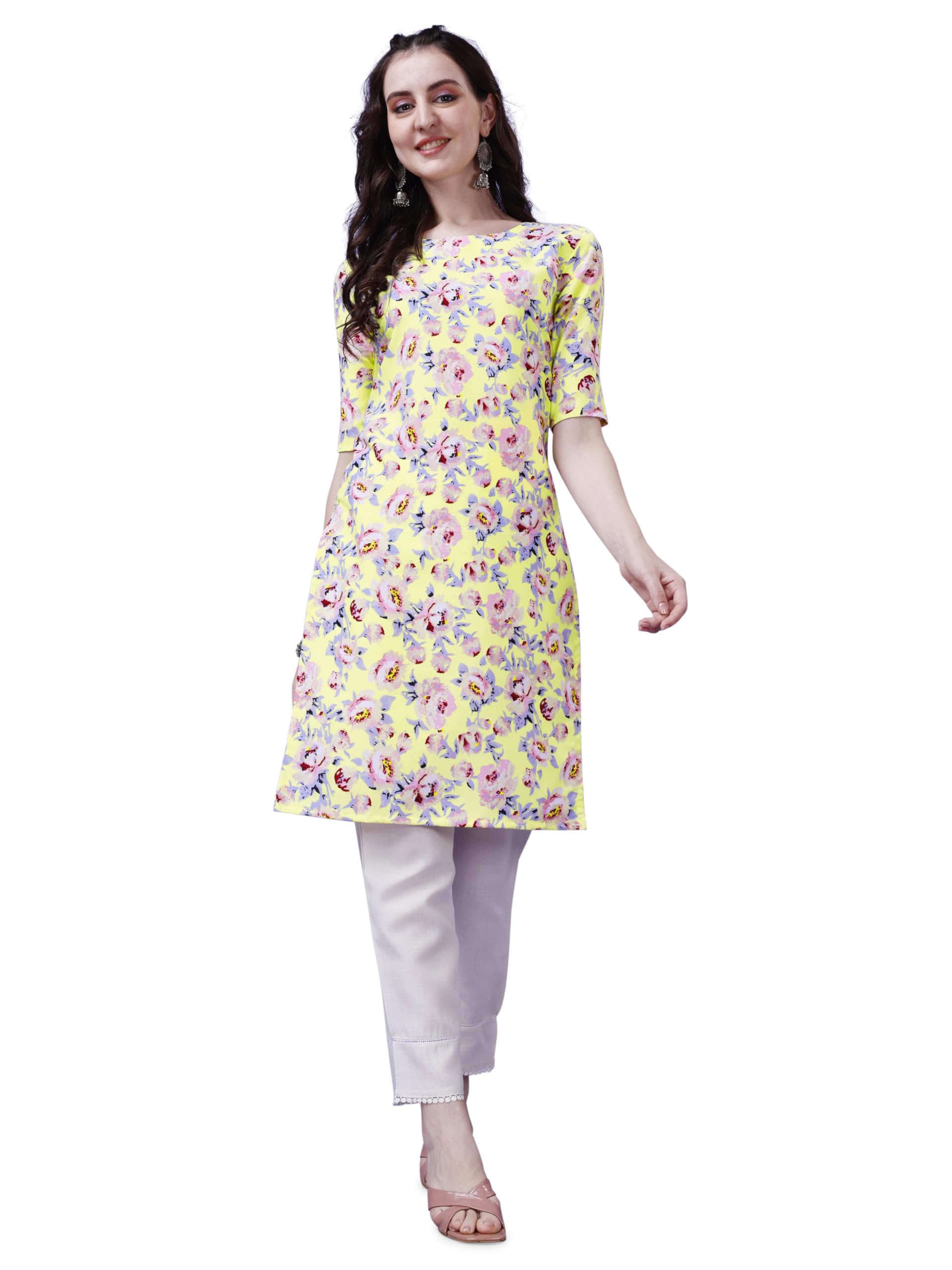 LookMark Women's Crepe Black Color Half Sleeve Straight Printed Kurta