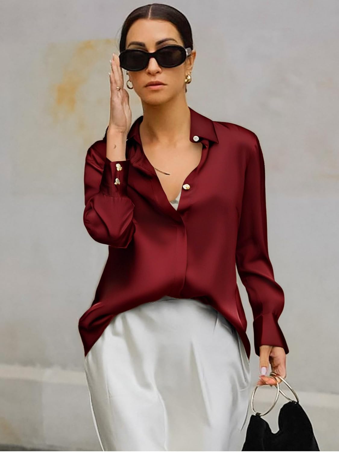 Damipow Satin Silk Button Down Shirts for Women Dress Shirts Long Sleeve Blouses Womens Shirts - Image 4