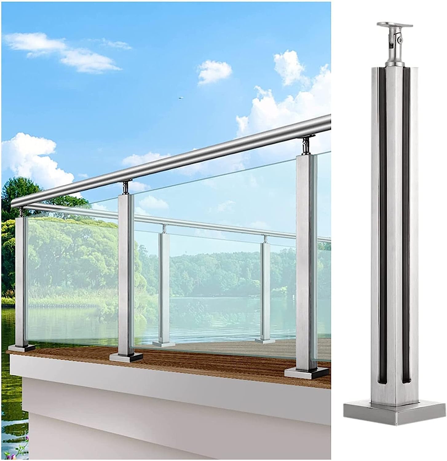Poteau de balustrade en verre inox carré 105 cm pour garde-corps