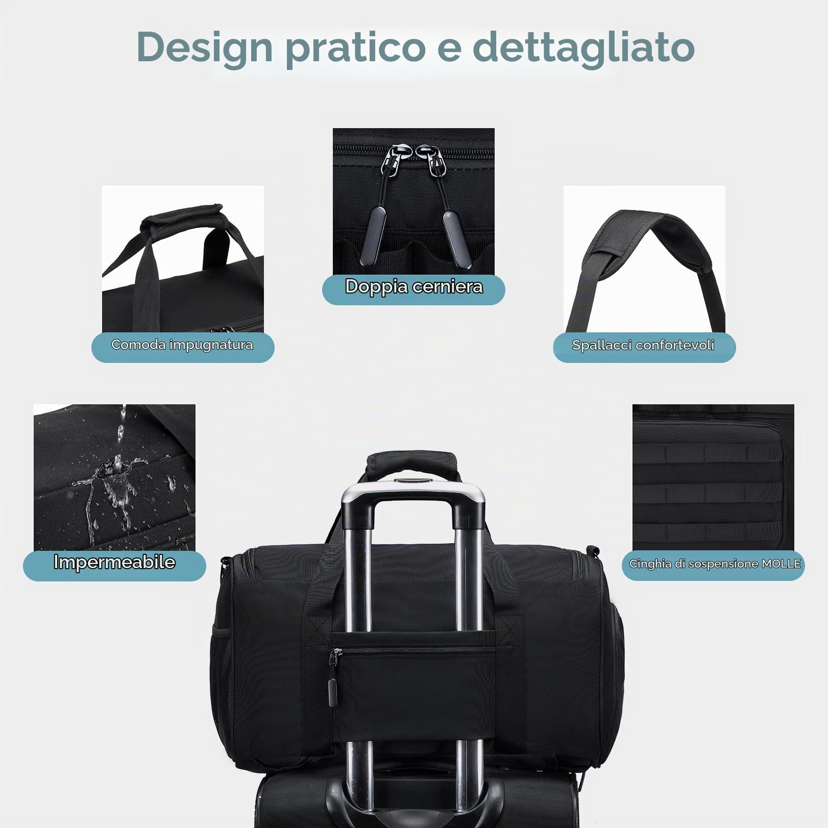 BAGZY 3 in 1 Borsone Palestra Uomo Impermeabile 40 Litri Borsa Sportiva Donna Borsone da Viaggio Tattica Militare Con Scomparto per Scarpe per Fitness Weekender Camping Con Borsa per Toilette Nero