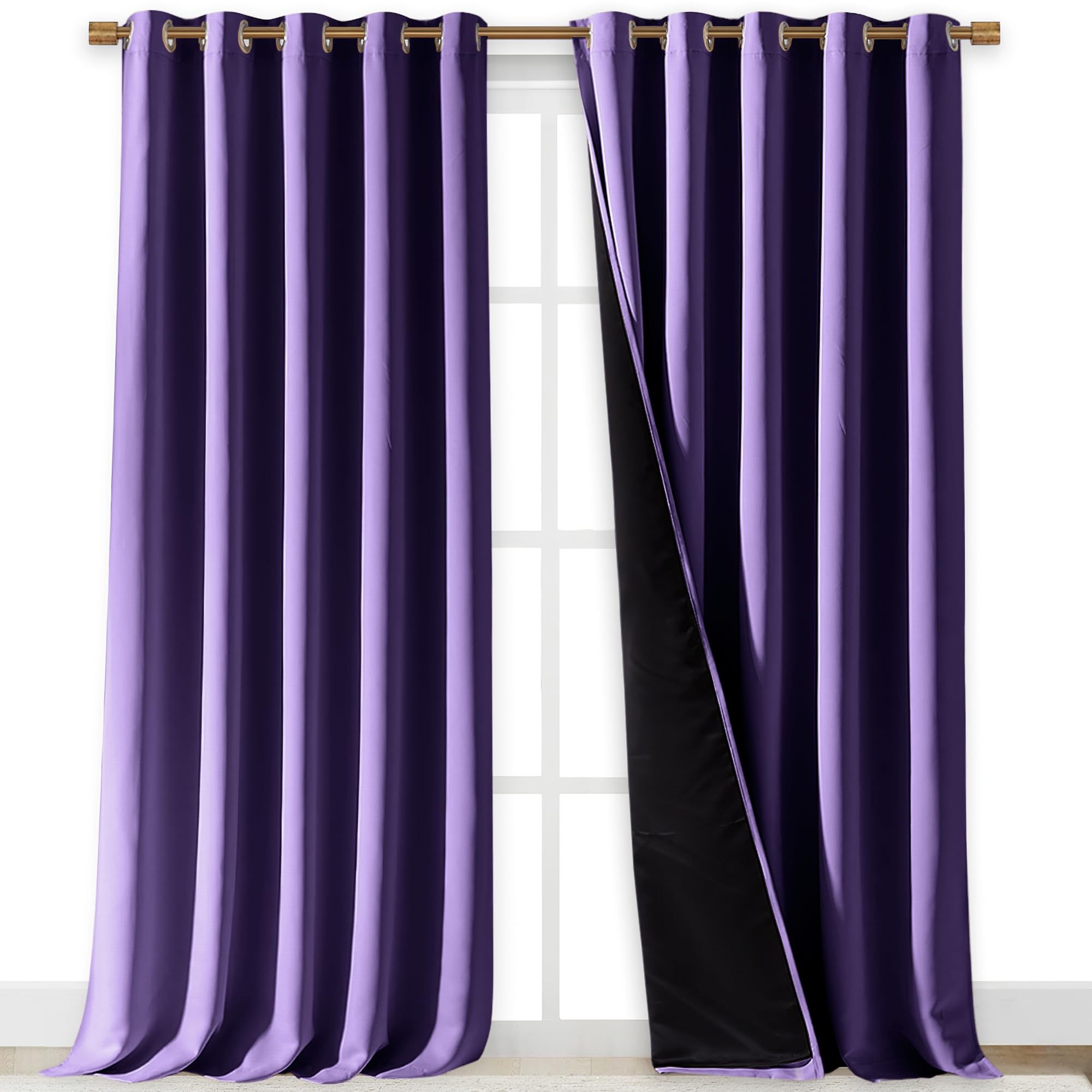 NICETOWN 100% Blackout Blinds, Laundry Room Decor Window Treatment Curtains for Large Patio Sliding Door, Thermal Insulated Lilac Purple Curtains for Bedroom, Set of 2, 70 inches x 108 inches