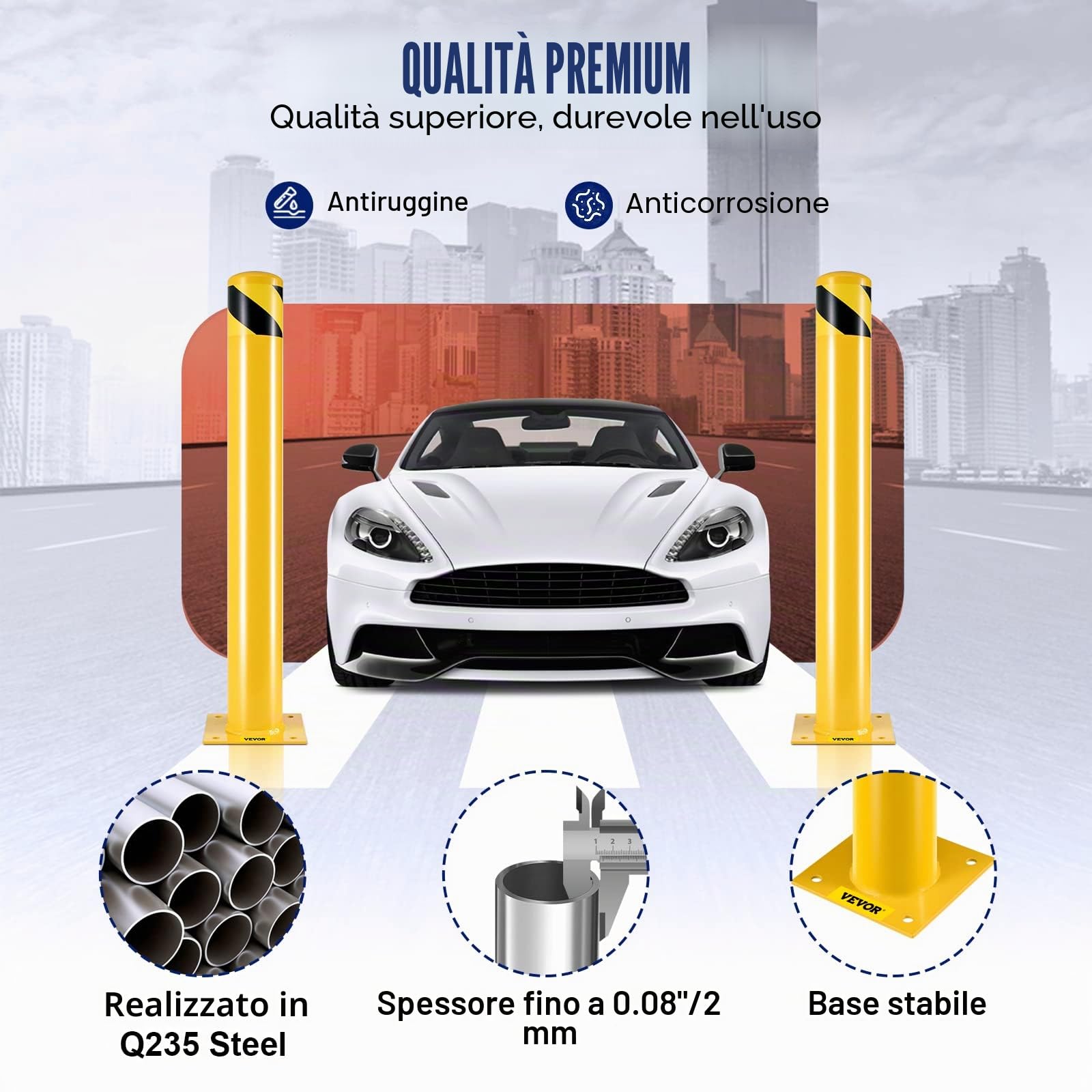 VEVOR Pali di Sicurezza Barriera di Sicurezza 4-1/2", Tubo Giallo con Rivestimento in Polvere Barriera di Sicurezza in Acciaio con 4 Bulloni di Ancoraggio per Traffico