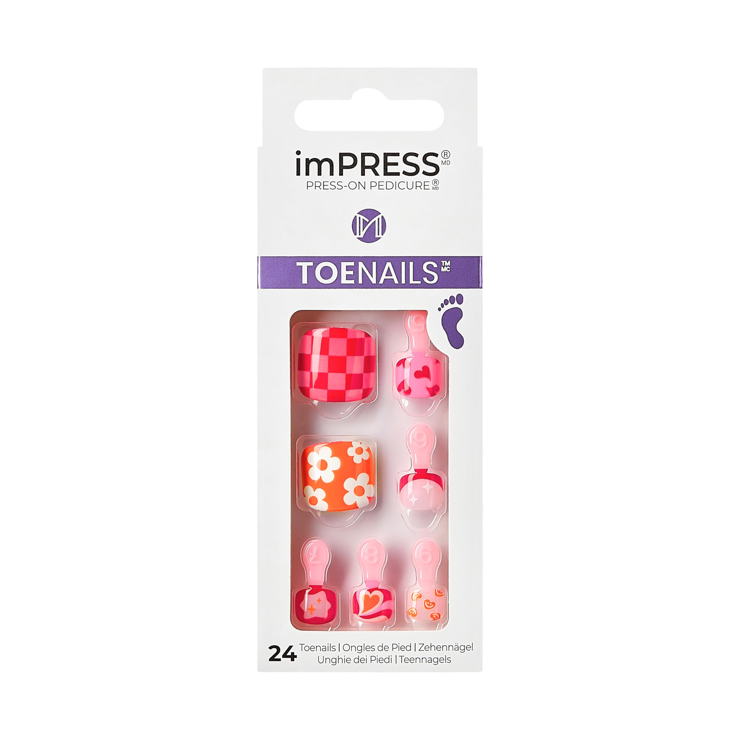 KISS Impress No Glue Pedi Press-On Toenails, Summer Retro Hot Pink & Orange Flower & Heart French Tip, Squoval Shape, Includes 24 Nails, Prep Pad, 1