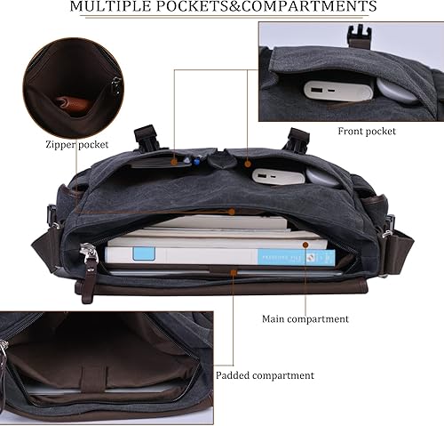 Miniatura 4 de Bolsa de mensajero vintage de lona para laptop de 15.6 pulgadas para hombres y mujeres, bolsa de hombro para computadora universitaria, maletines de