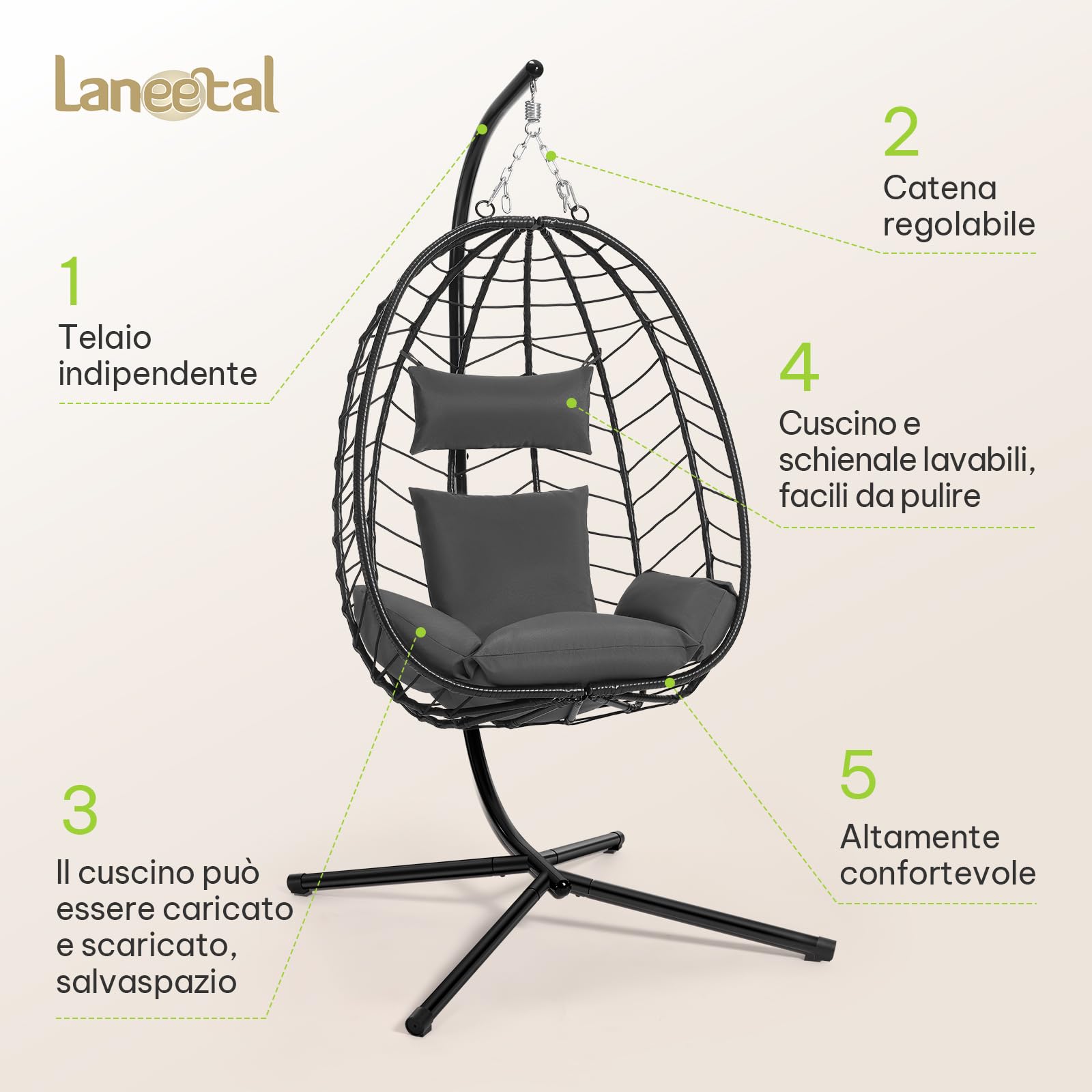 Laneetal Sedia Sospesa a Uovo con Supporto, Poltrona Sospesa con Cuscino e Poggiatesta, Portata 150 kg, Rattan PE, Struttura in Metallo, per Giardino Patio Balcone Terrazza, Grigio Scuro