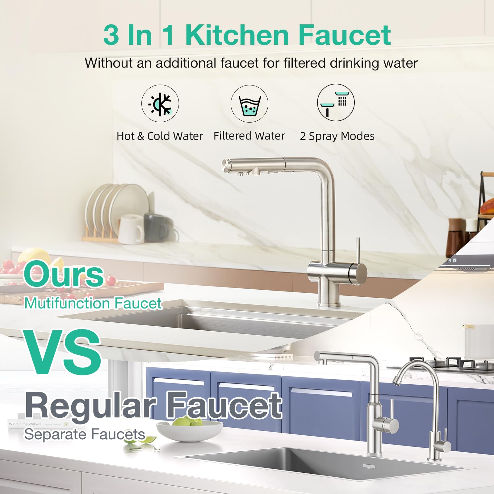 Faustina Grifo de cocina de 3 vías con ducha extraíble, grifo monomando, grifo de fregadero, grifo de agua potable para cocina para ósmosis inversa y filtro de agua de acero inoxidable cepillado