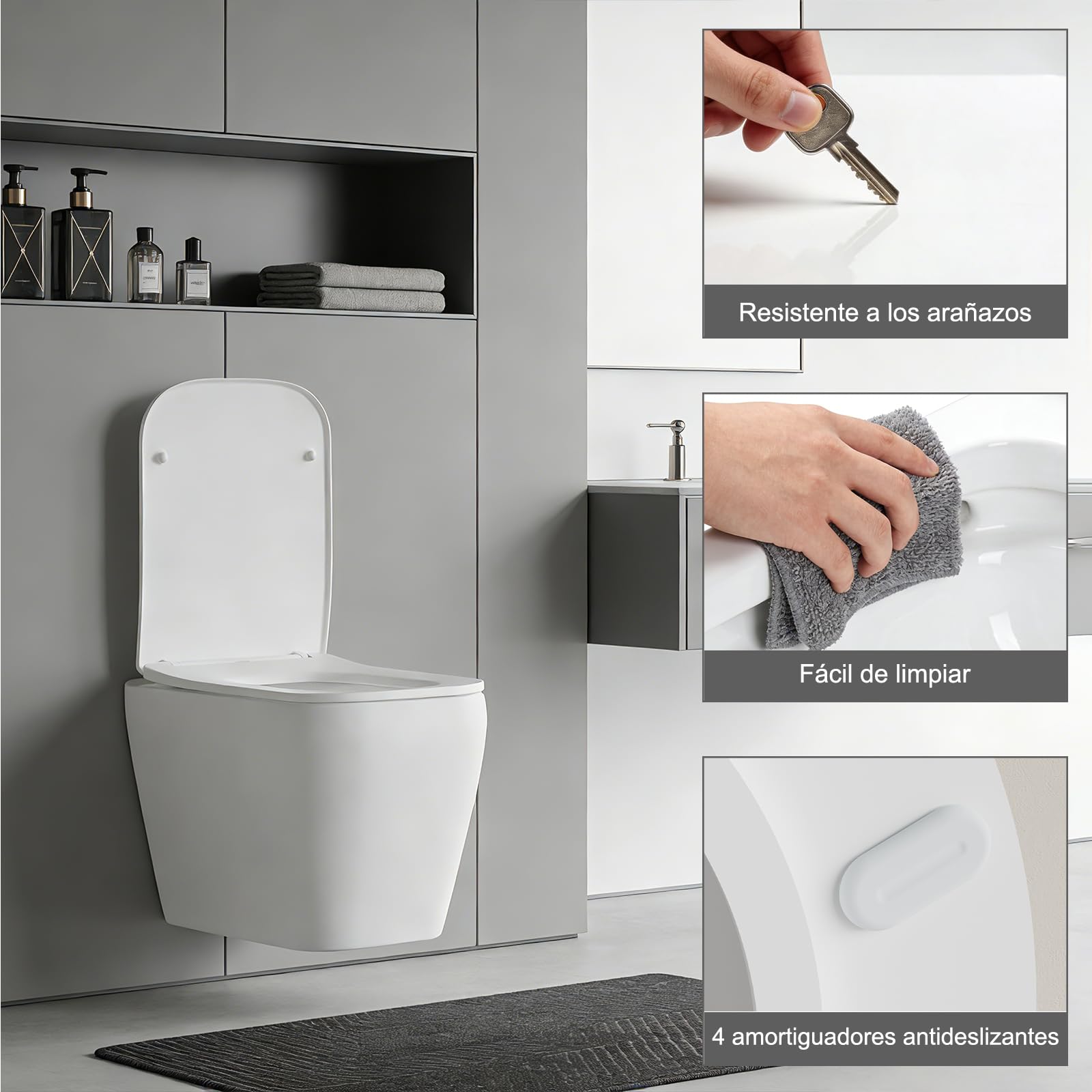 SURFOU Tapa WC Universal en Forma de Cuadrado, Asiento de Inodoro de Duroplast con Cierre Suave, Soporta hasta 200 kg, Desmontaje Rápido para Limpieza Fácil, con Gomas para Fijación Estable