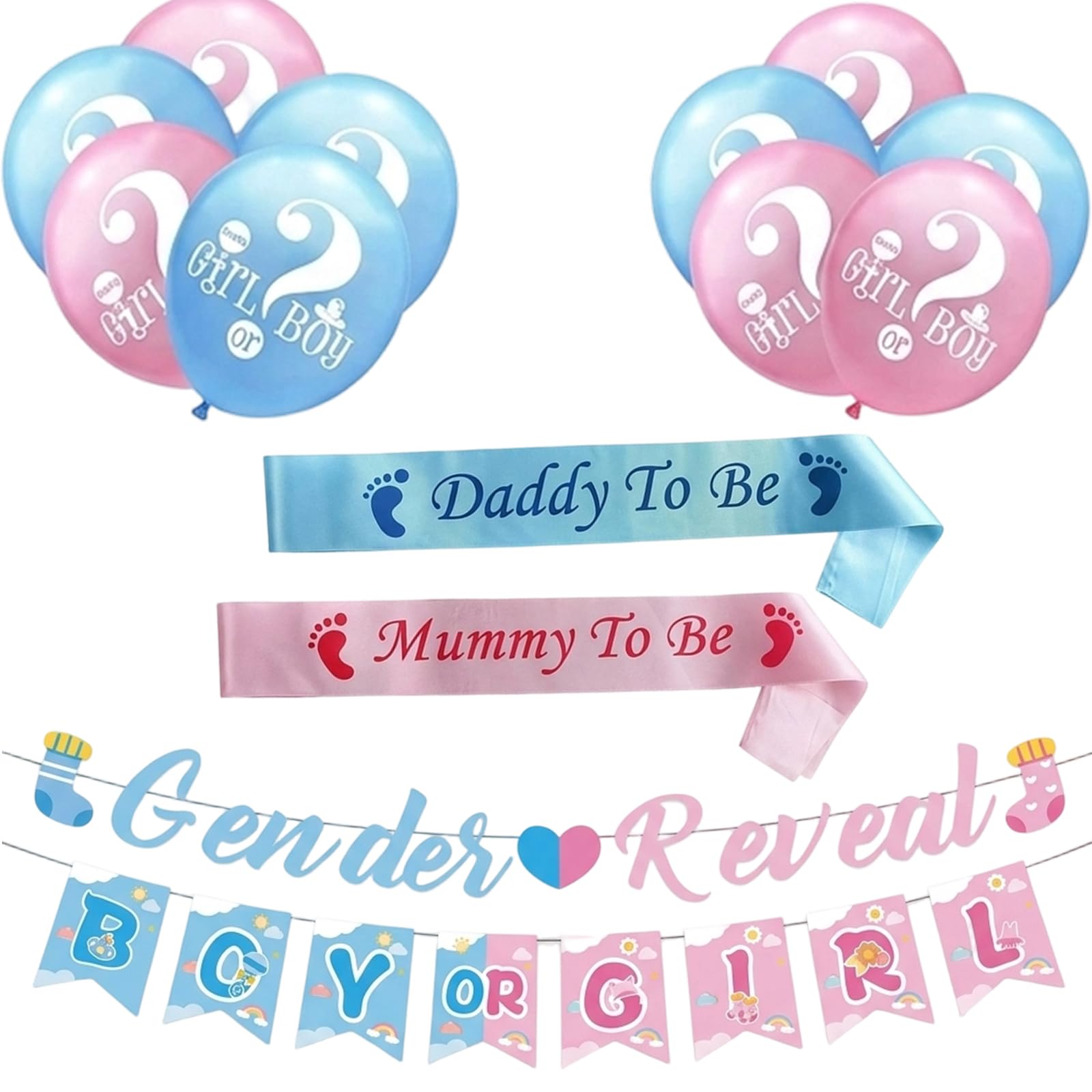1 Set Gender Reveal Decoration, Complete Gender Reveal Party Decorations Kit with Banner, Waistbands and Balloons, Baby Gender Reveal Decorations for Boy or Girl Party Supplies