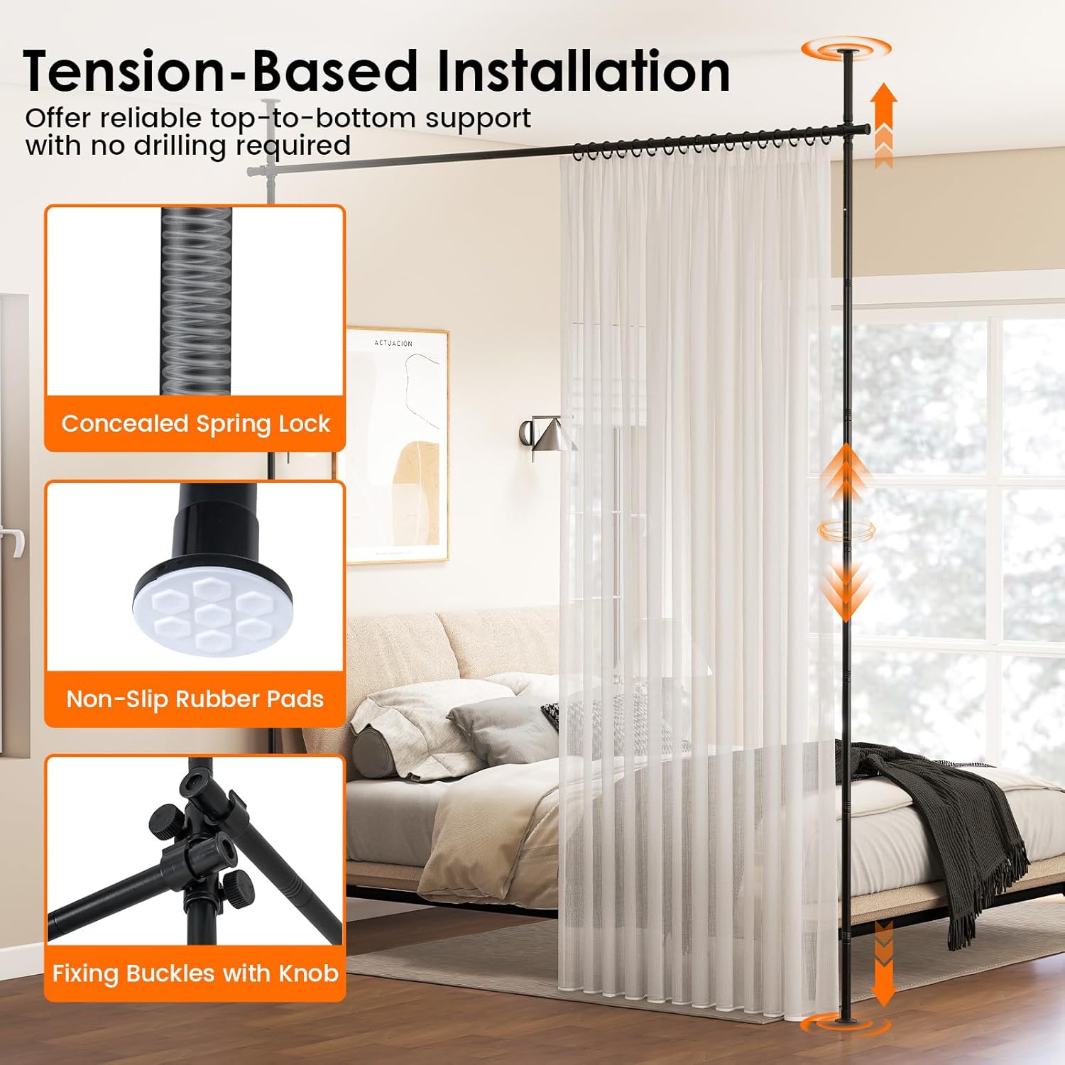Giantex Room Divider Curtain Rod, No Drill Floor to Ceiling Tension Rod, Adjustable 4-10 ft Height & 28-72 in Width, Heavy Duty Metal Partition Rod for Room Separation in Apartment, Dorm, Studio