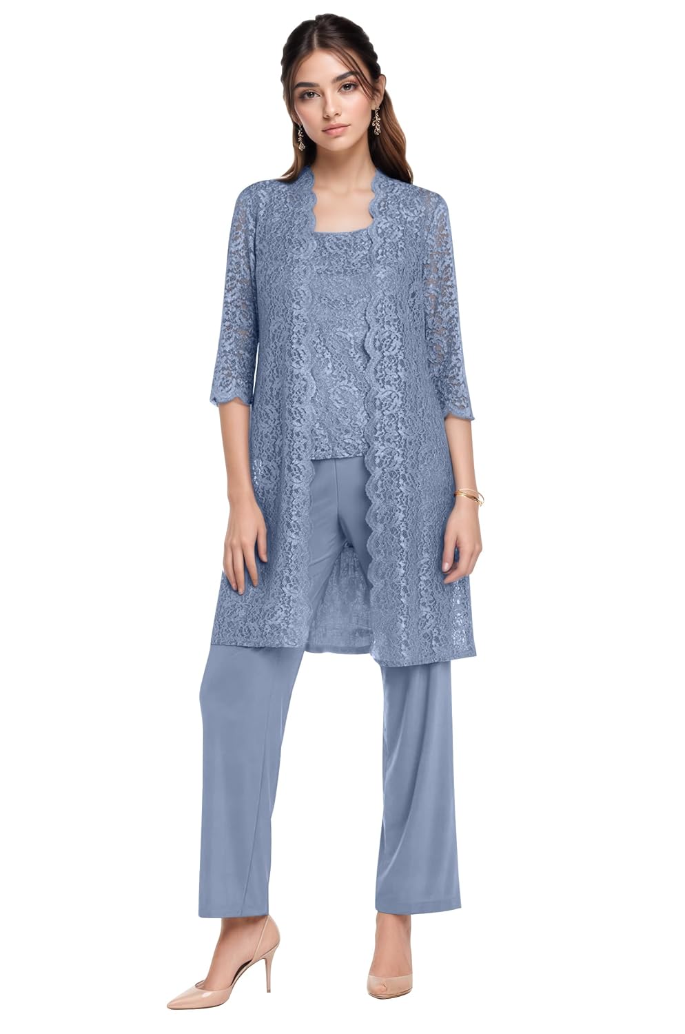 3 Pieces Mother of The Bride Pant Suits for Wedding Lace Half Sleeve Pantsuits for Women Dressy