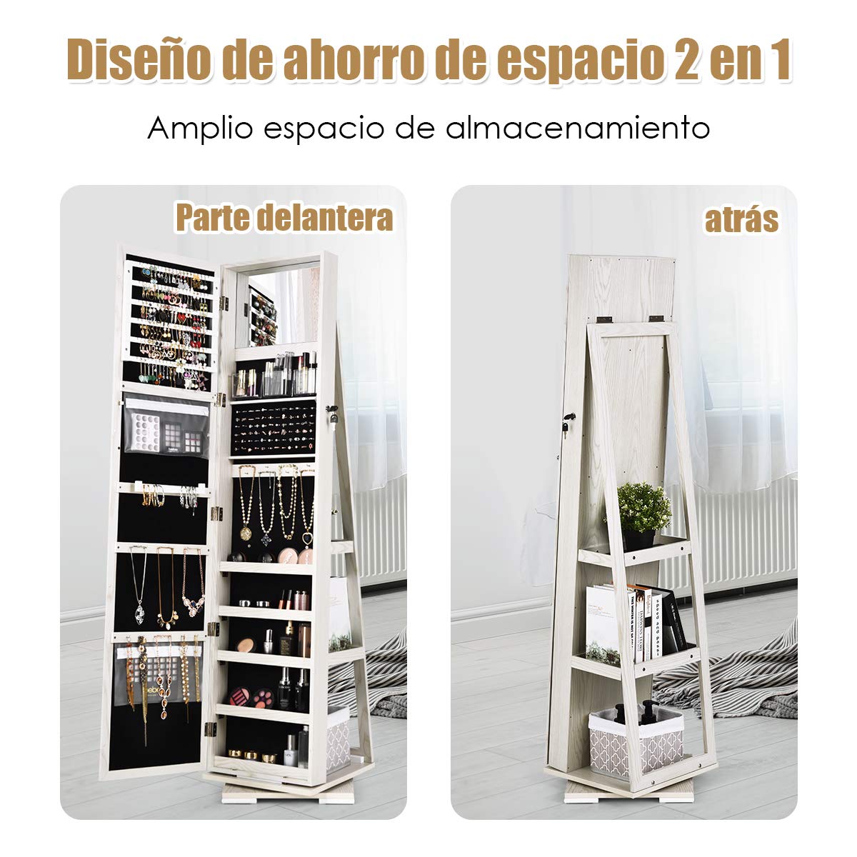 COSTWAY Armario Joyero con Espejo y Estante Escalera Giratorio Cerradura Organizador (blanco)