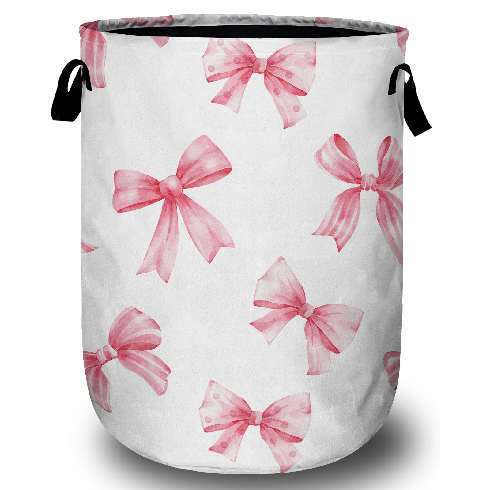 Pink Bow Laundry Basket, Laundry Hamper Collapsible Oxford Cloth with Handle Clothes Storage Bin for Bathroom Laundry Room Bedroom 15.7 X 20 Inch