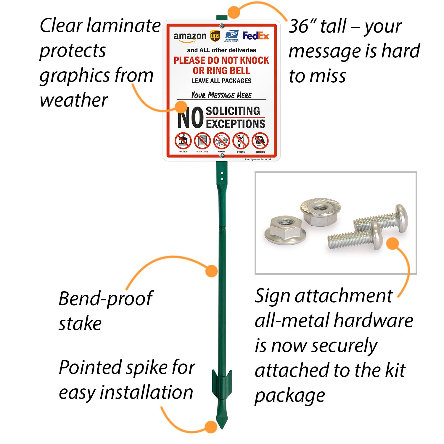 SmartSign Cartello da cantiere con scritta "Leave Packages Here - All Deliveries Do Not Knock/Ring Bell, No Soliciting", in alluminio laminato antiruggine da 40 mil, altezza 91,4 cm, realizzato negli
