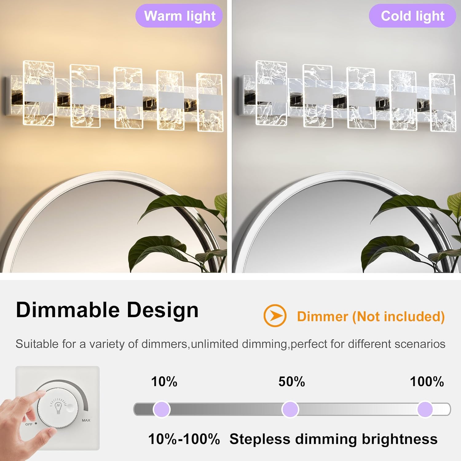 Modern LED Bathroom Light Fixtures Dimmable 5-Light Chrome Vanity Light, 5CCT Adjustable Lighting Fixture Vanity Lights Over Mirror, Smoked Acrylic LED Vanity Lights for Bathroom
