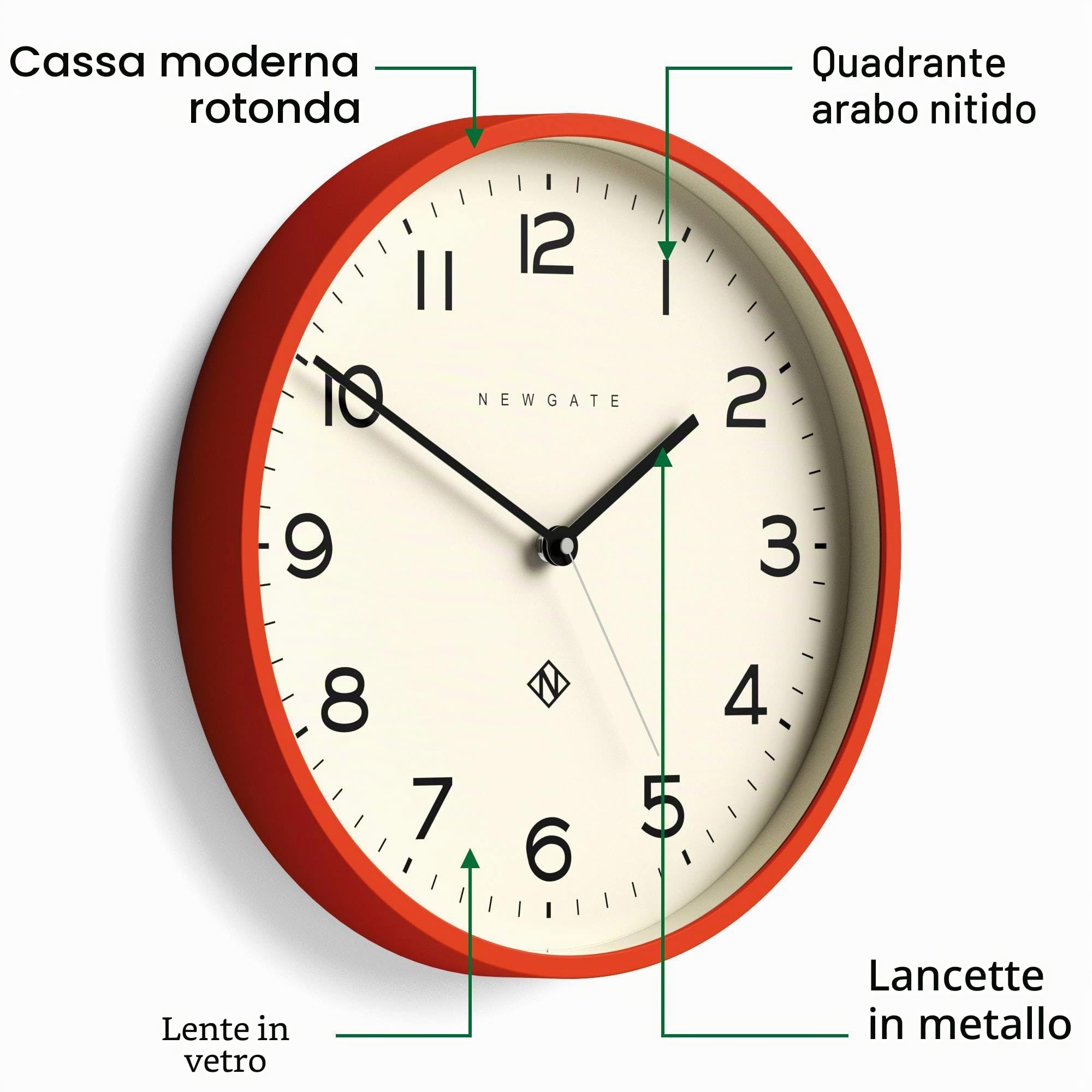 Newgate® Number Three Echo Orologio a parete | Orologio a tondo moderno | 37cm | Arancia zucca | Numeri facili da leggere | Ideale per cucina, soggiorno o ufficio