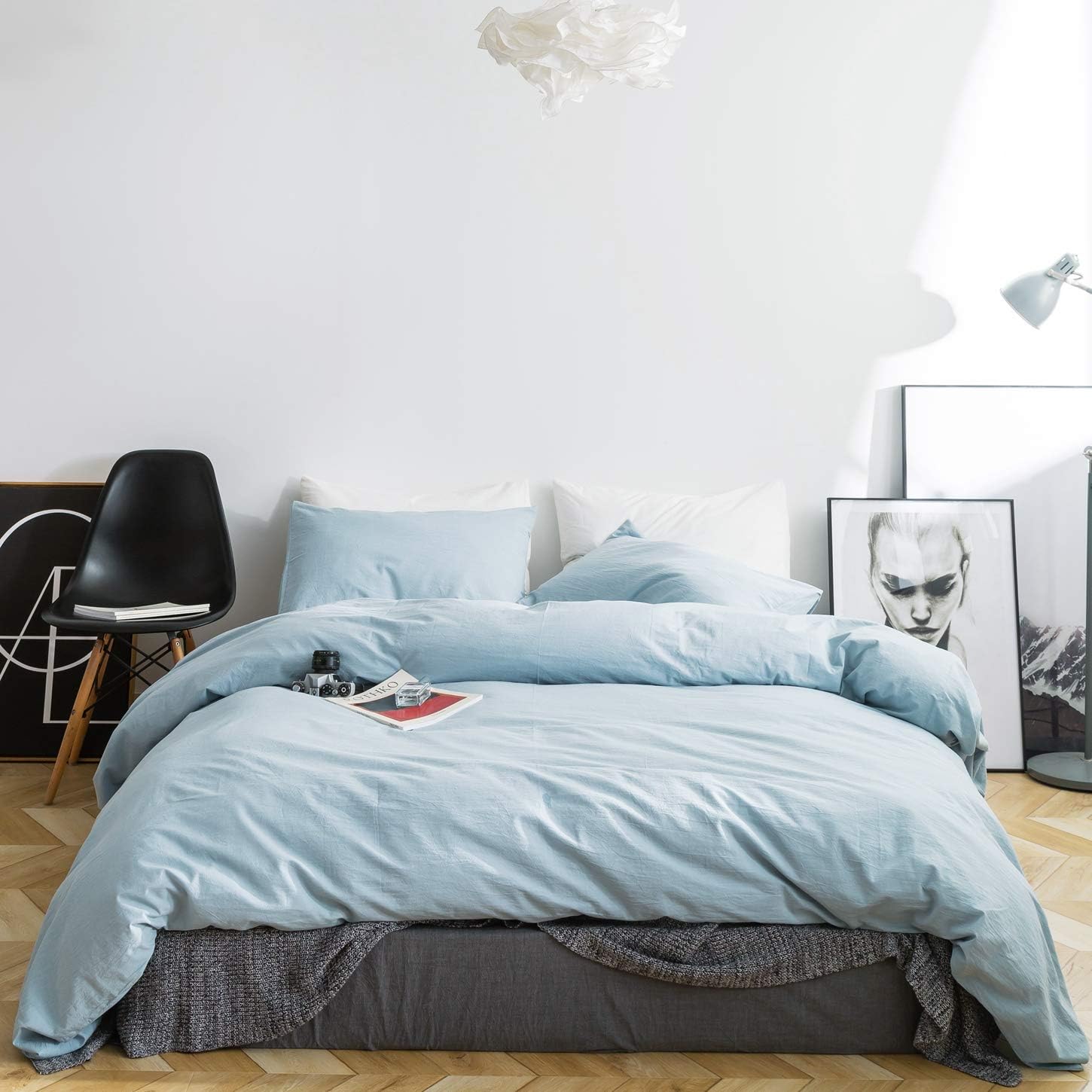 SUSYBAO Light Blue Duvet Cover Queen 100% Washed Cotton 3 Pcs Set 1 Baby Blue Duvet Cover with Zipper Ties 2 Pillowcases Shabby Chic Farmhouse Bedding Set Soft Comfortable