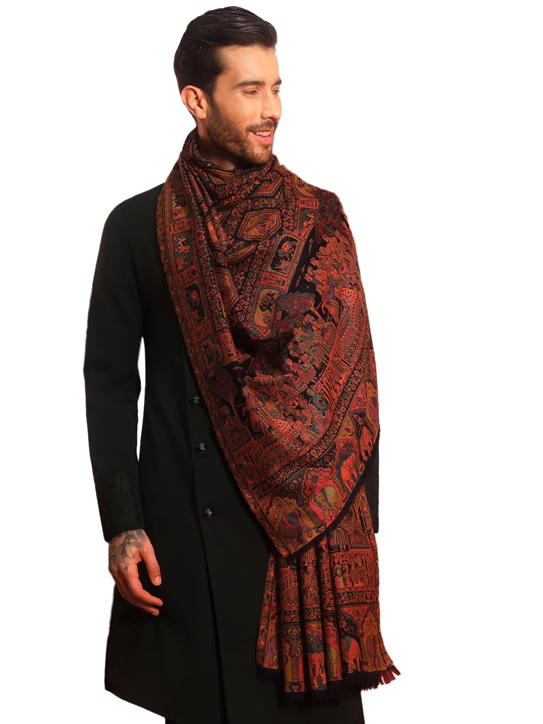 pashmoda Men Darbari Fine Wool Kaani Shawl, Authentic Kashmiri Luxury Pashmina Style Shawl, Stole, Medium Gents Lohi, (Size 40x80 Inches)-picture-20
