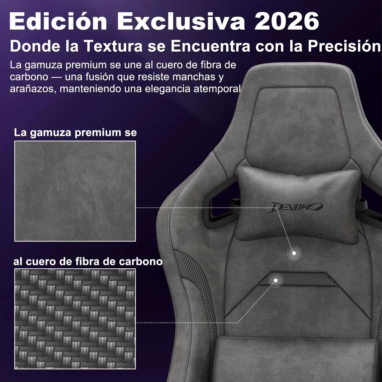 Devoko Silla Gamer Ergonómica para Oficina y Ordenador, Gamuza Suave, Reposabrazos 3D, Espuma Moldeada, Cojín Lumbar Ajustable, Base Metálica Fuerte, 180 kg, Gris Carbón