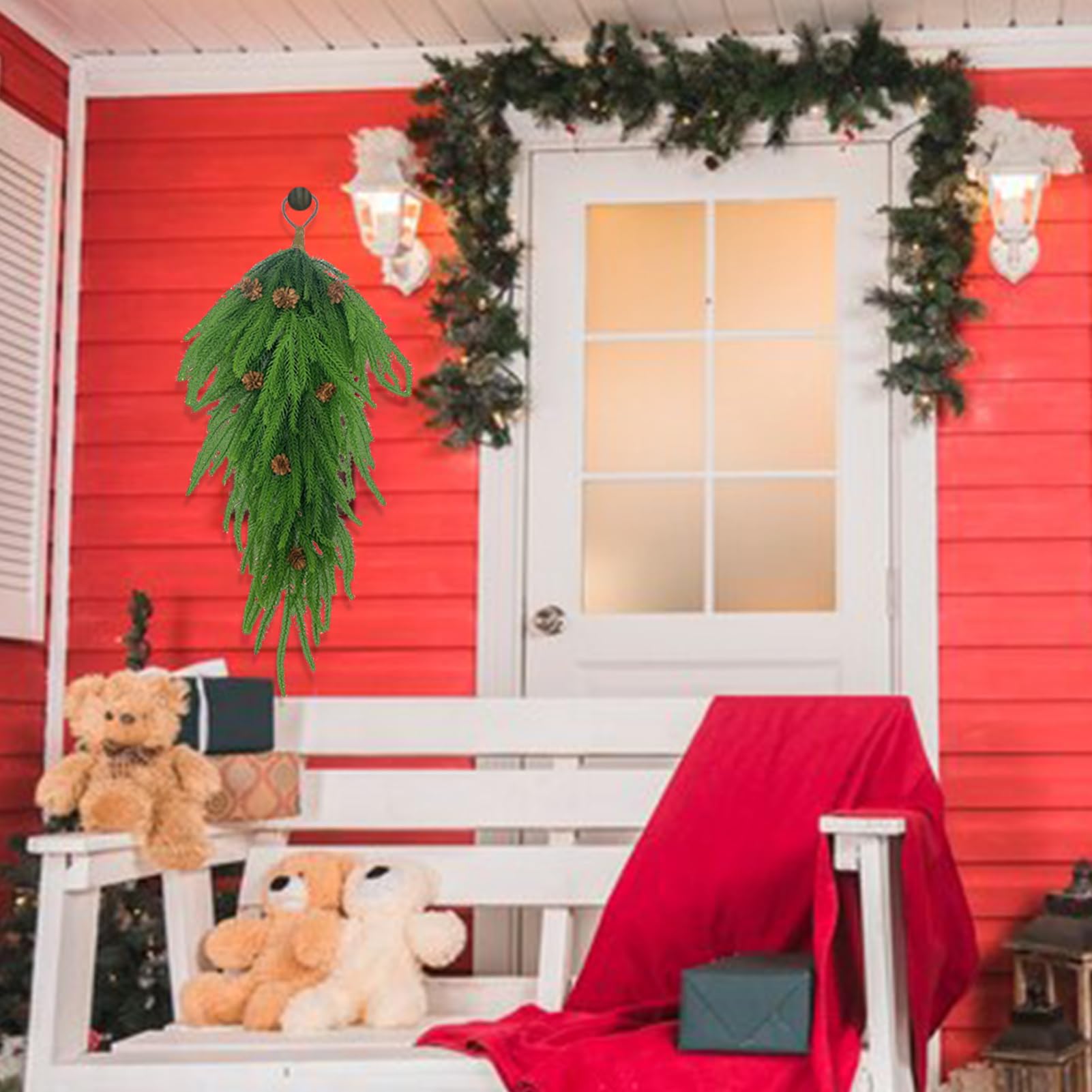 MISNODE Pine Needles Teardrop Swag, Christmas Teardrop Swag, Winter Pine Needles Swag, Artificial Christmas Greenery Teardrop Swag, Xmas Table and Door Decoration, Pine Branches Teardrop Door Swag